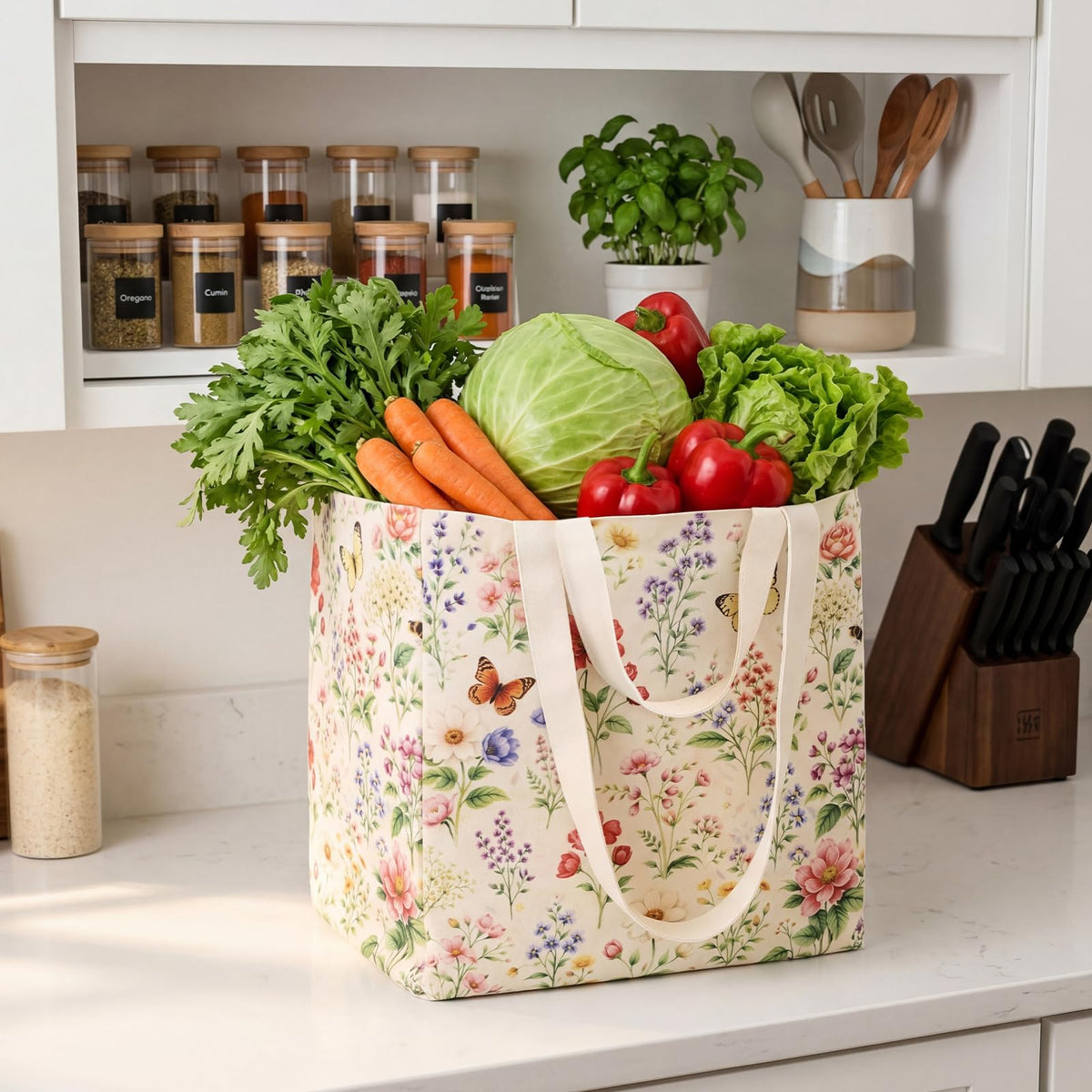 Ovveroche Large Canvas Grocery Tote Bag with Floral Reusable Heavy Duty Shopping Tote Bags with 6 Inner Pockets & Hard Bottom