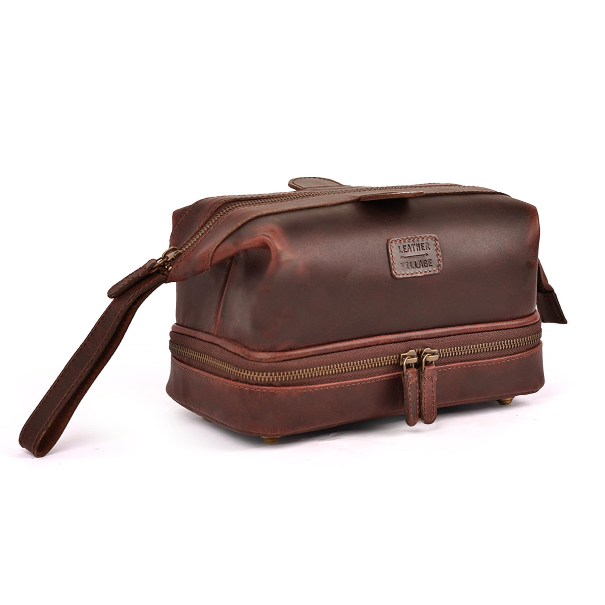 LEATHER VILLAGE Genuine Leather Dopp Kit – Large Travel Toiletry Bag with Waterproof Lining, Dual-Zip Design for Men & Women, Organizer for Shaving, Makeup & Essentials - Cherry