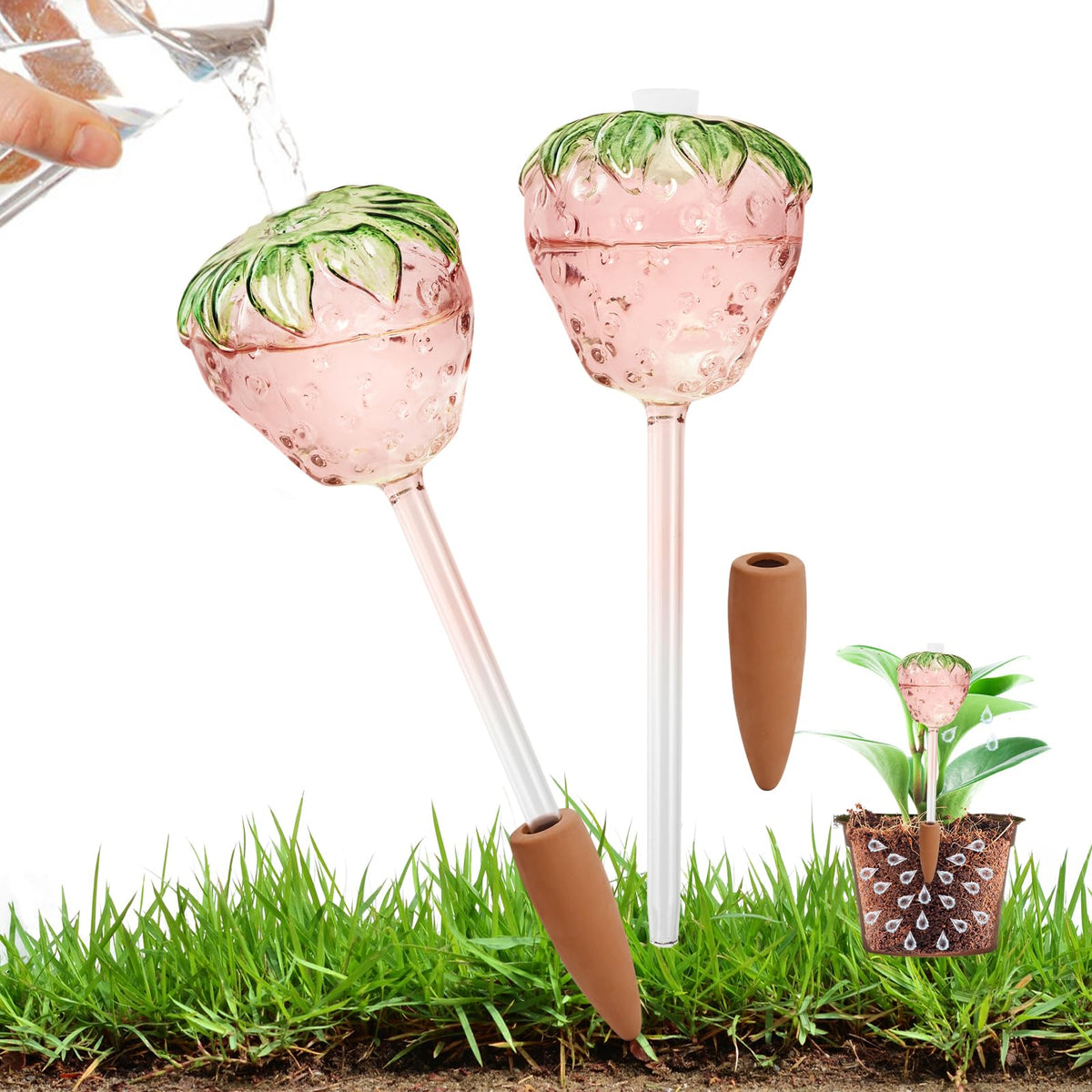 Yurucenus Strawberry-Shaped Glass Plant Watering Globes (Set of 2) - Vacation Plant Watering Devices with Terracotta Spikes, Top-Fill Watering Globes, Self Watering Planter Insert for Plants