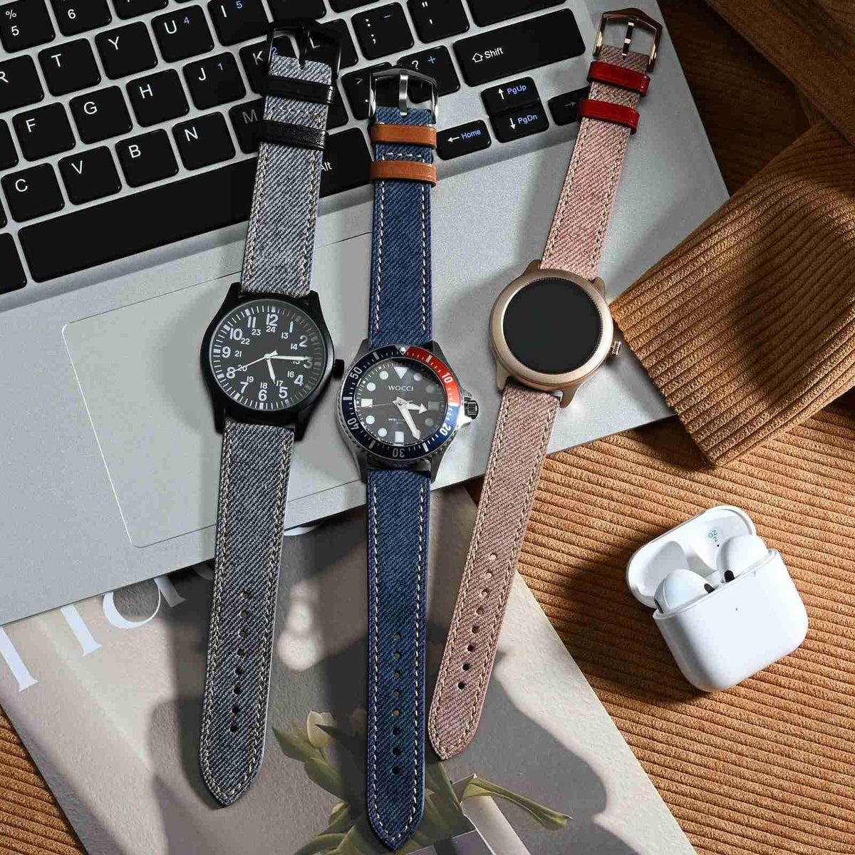 WOCCI 20mm Watch Band, Italian Leather, Denim Pattern, Golden Buckle (Denim Blue)