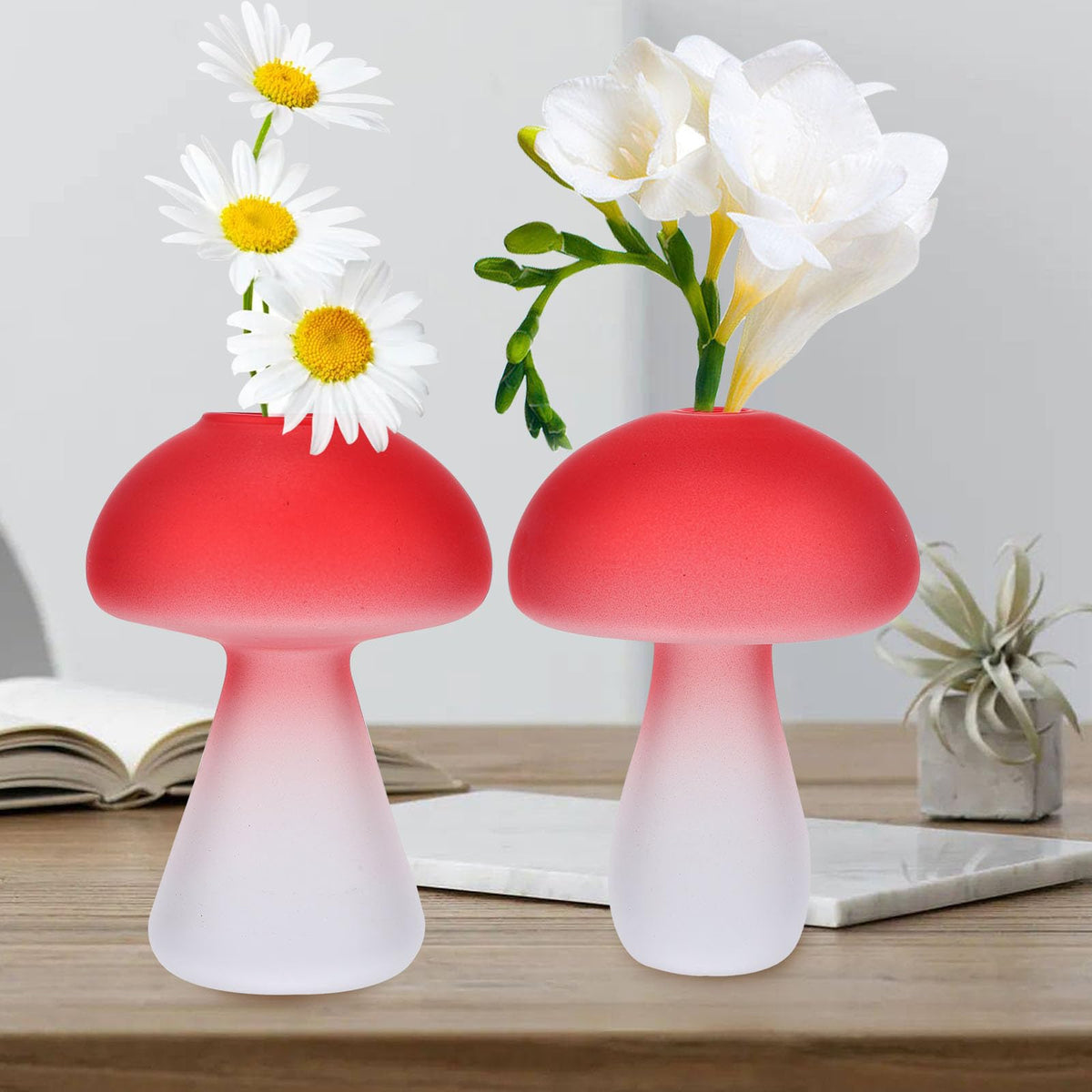 Garneck 3pcs Glass Mushroom Terrarium Vases Hydroponic Decorative Flower Vases for Home Desktop Plant Propagation Red Glass Ornament