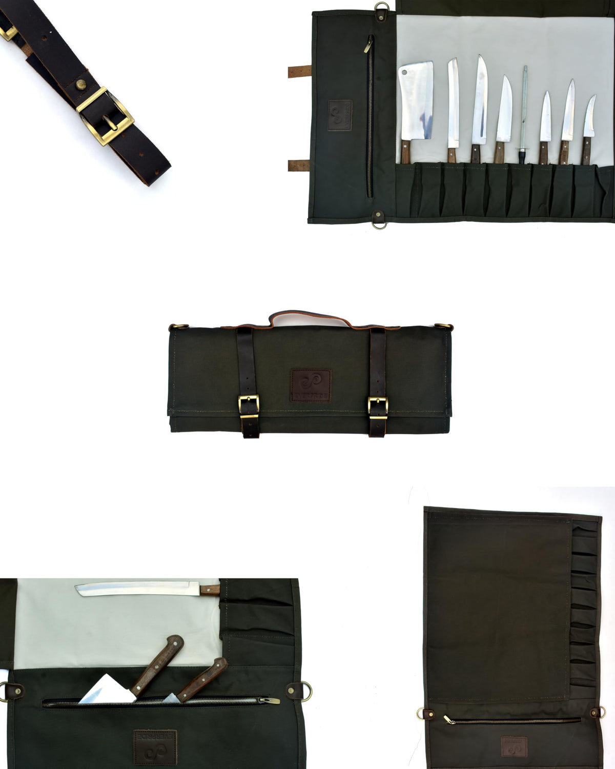 EVERPRIDE Stunning Waxed Canvas Roll Bag in Rich Dark Green w Genuine Leather Trim. Handsome Professional Chef Knife Roll Bag with upto 14" Knives and Storage Compartments A Super Gift