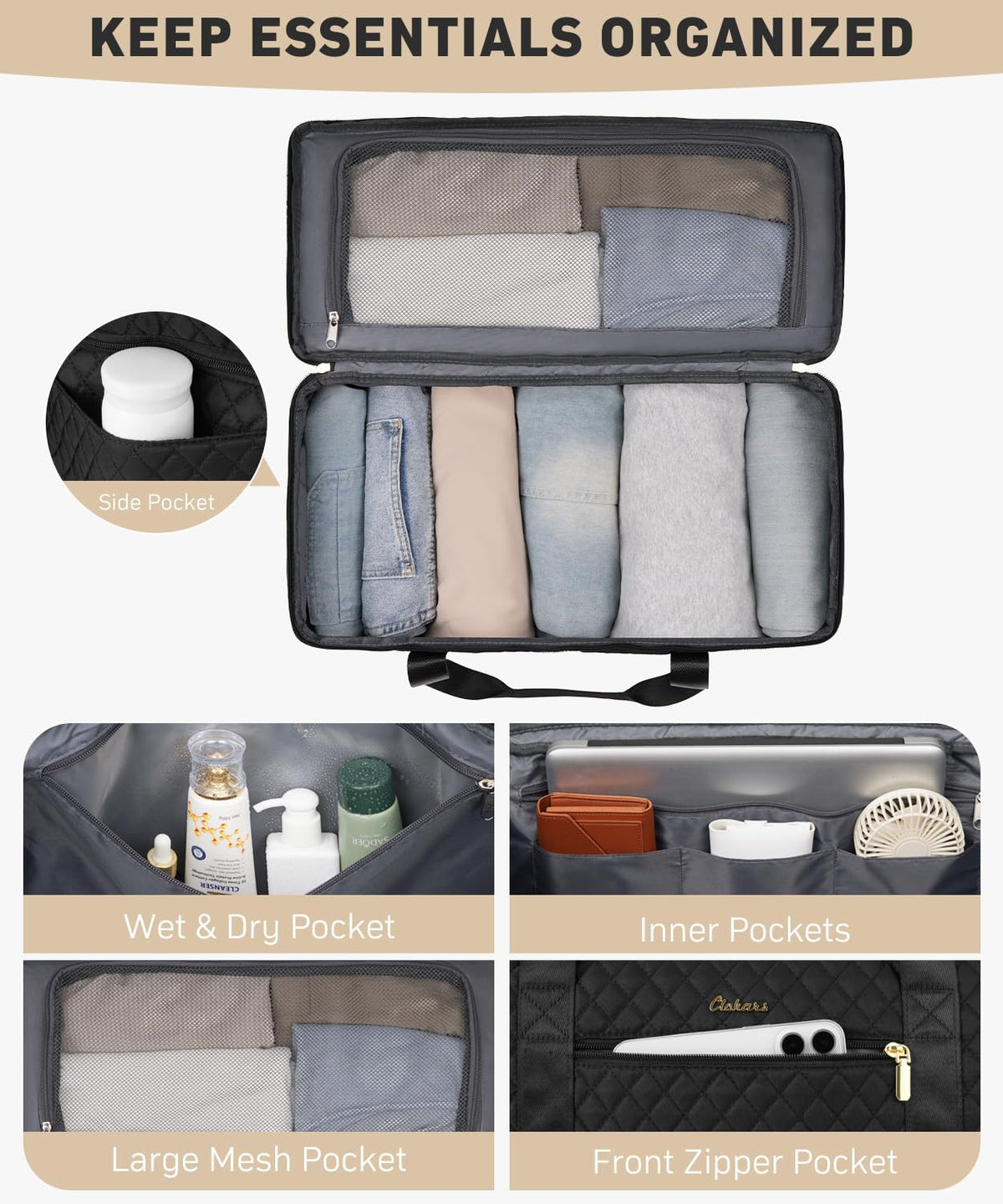CLOKARS Travel Weekender Bags for Women: Overnight Bag with Shoe Compartment Large Travel Duffle Bag with Toiletry Bag Carry on Bag Personal Item Bag with Wet Pocket Hospital Bag for Women Black