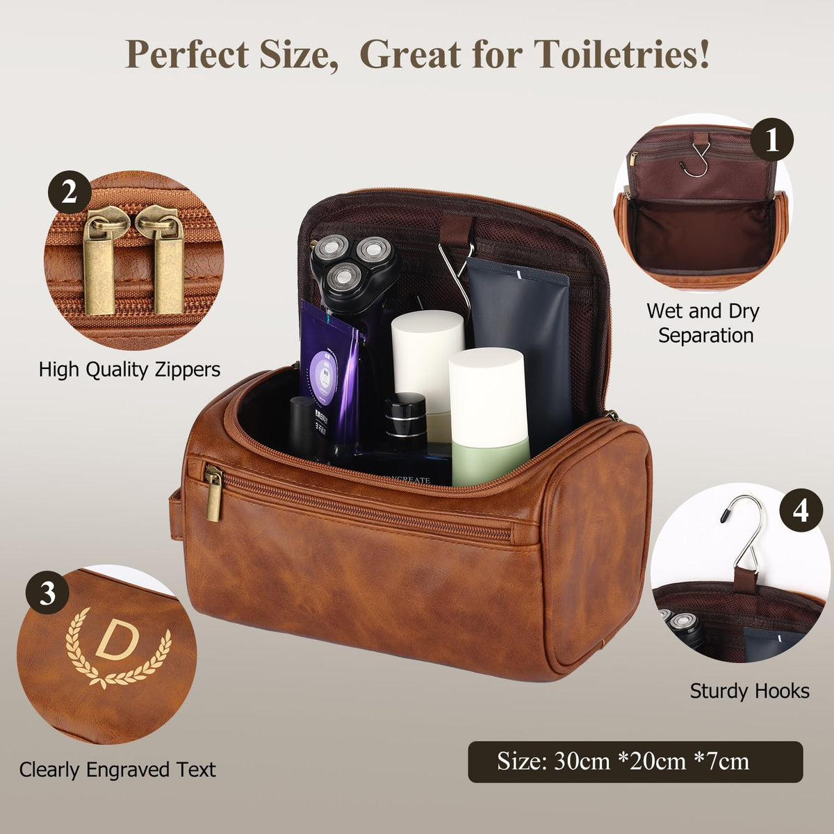 OXYEFEI Personalized Toiletry Bag for Men,Personalized Gifts for Men,Engraved Initial PU Leather Mens Toiletry Travel Shaving Travel Essentials Toiletries Bag for Him Birthday (W, Light Brown)