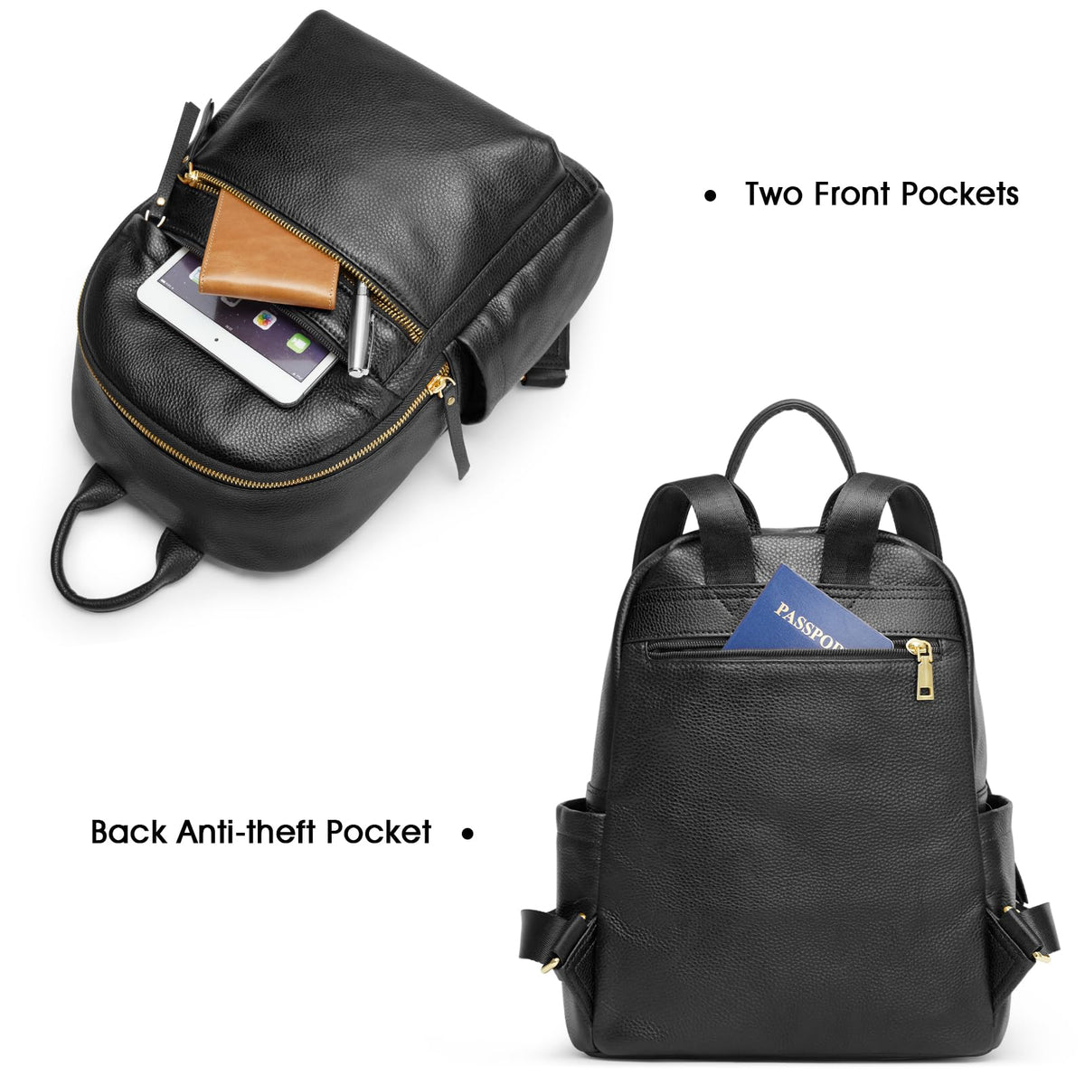 Kattee Genuine Leather Backpack Purse for Women Multi-functional Elegant Daypack Soft Leather Shoulder Bag Shopping Trip, Medium, Black