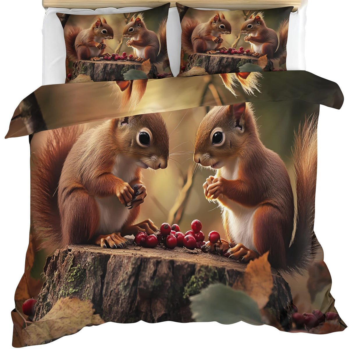 Squirrel Duvet Cover Twin Size, Squirrel Bedding Set 3 Piece, Animal Comforter Cover and 2 Pillow Sham with Zipper Closure 68" x86"