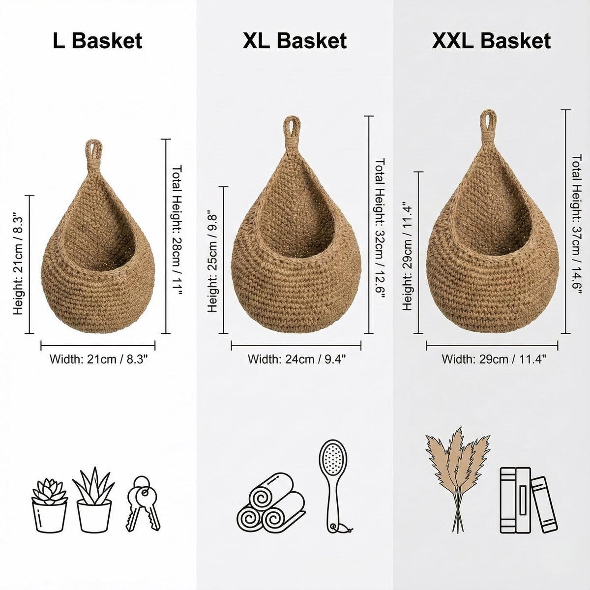 3 Pack Hanging Fruit Basket - Boho Kitchen Wall Decor for Vegetable Onion Potato Storage, Woven Teardrop Organizer - Cotton Rope