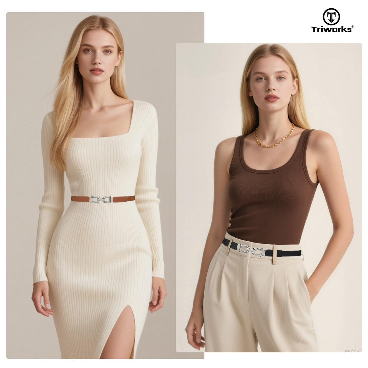 TRIWORKS 4 Pack Skinny Elastic Belts for Women Silver Buckle Thin Stretchy Waist Belts for Dresses