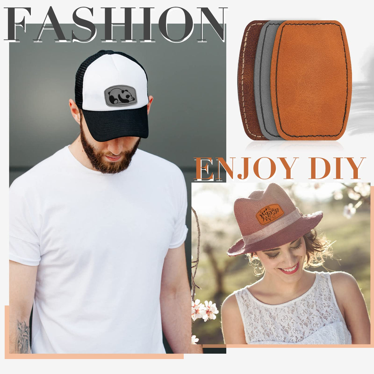 Dunzy 60 Pcs Blank Leatherette Hat Patches with Adhesive Rustic Rounded Rectangle Patch Faux Leather Patches for Hats Costumes Fabric Repair Sew Laser Supplies(Khaki, Gray, Brown,2x3inch)
