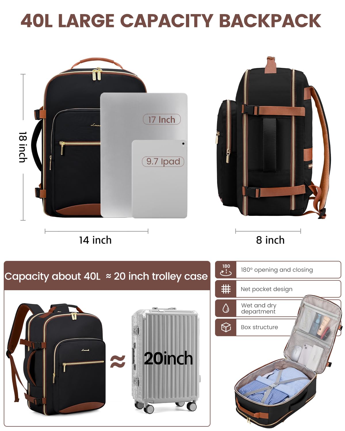 LOVEVOOK 40L Travel Backpack for Women & Men, Airline Approved Carry On Luggage with 3 Packing Cubes, TSA Overnight Bags, Waterproof Personal Item Bag, Weekender Essentials Backpacks fits 17" Laptop