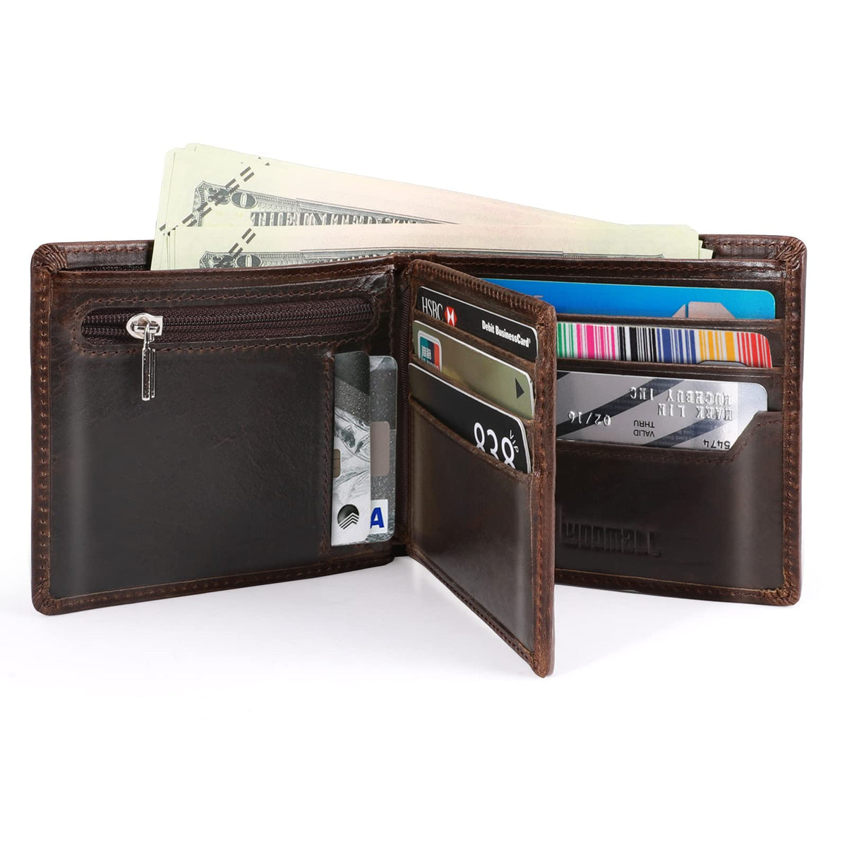 LYOOMALL Wallet for Men, Large Capacity Genuine Leather RFID Blocking Bifold Wallet/Credit Card Holder for Men, with Coin Pocket, Zipper Cash Pocket, ID Window and 10 Card Slots (Coffee)