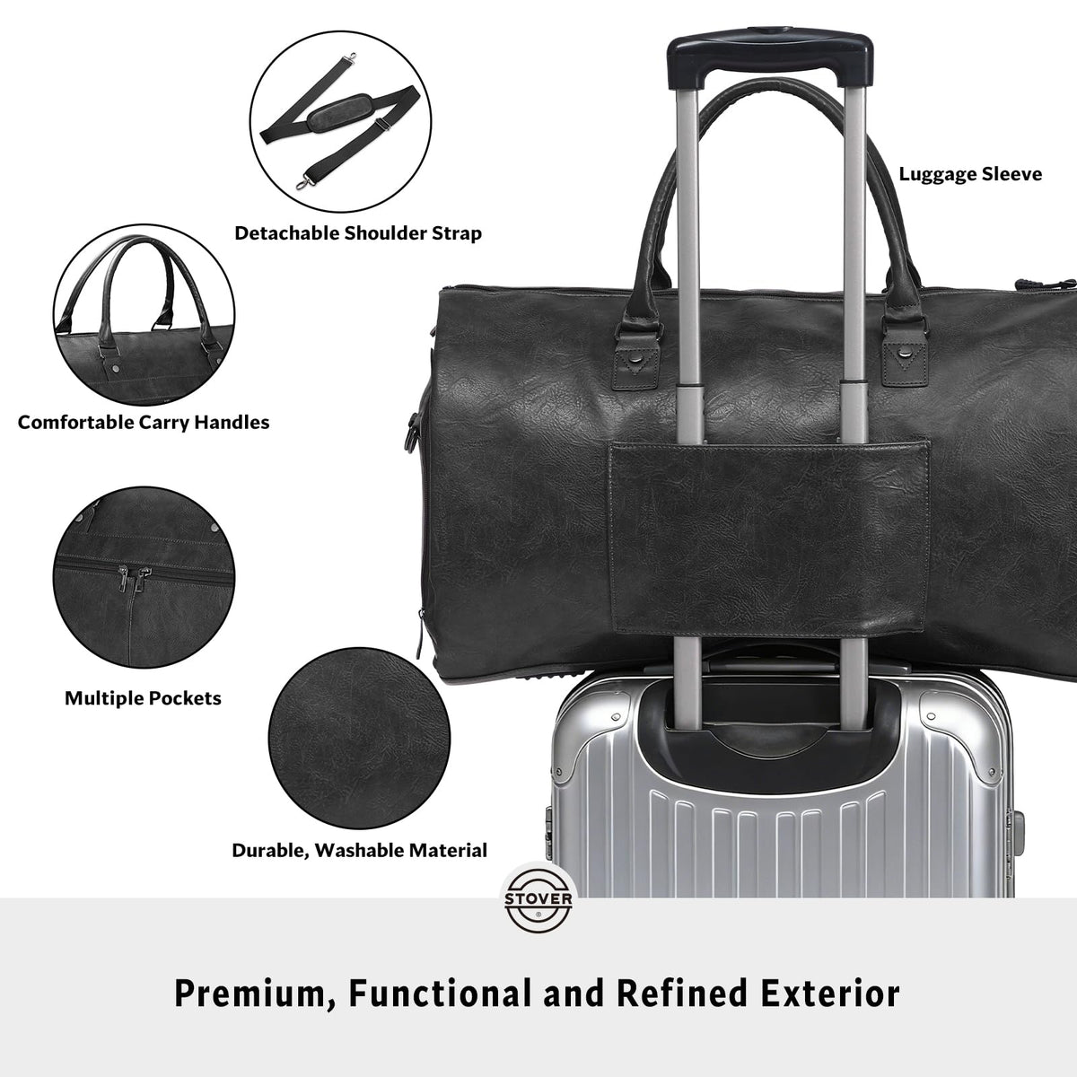 STOVER Garment Travel Duffle Bag, Large 2-in-1 Convertible Carry-on Luggage for Men & Women- Hanging Suits, Dresses & Clothes + Shoe Compartment- Weekender Tote Combo Duffel (Black Leatherette)