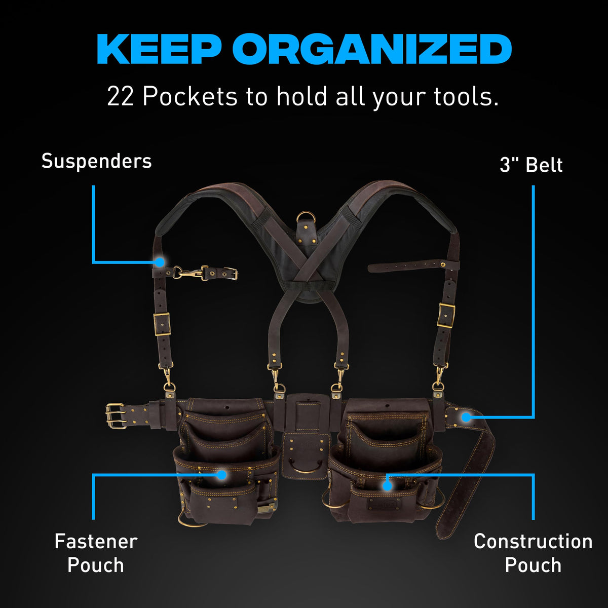 OX Pro Oil Tanned Leather Tool Belt with Padded Suspenders Leather Carpenter Tool Belt with Suspenders and Pouches Dual Hammer Holsters for Men - Morrales Para Carpintero