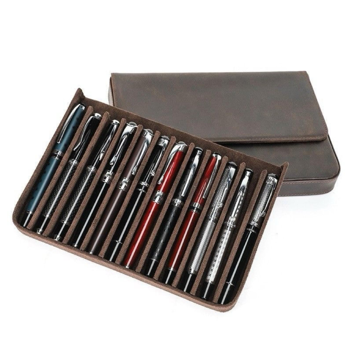 UPRESYE Leather Fountain Pen Case Collector Organizer, Pencil Case Handmade Pen Protective Sleeve (Magnetic 12 slots)
