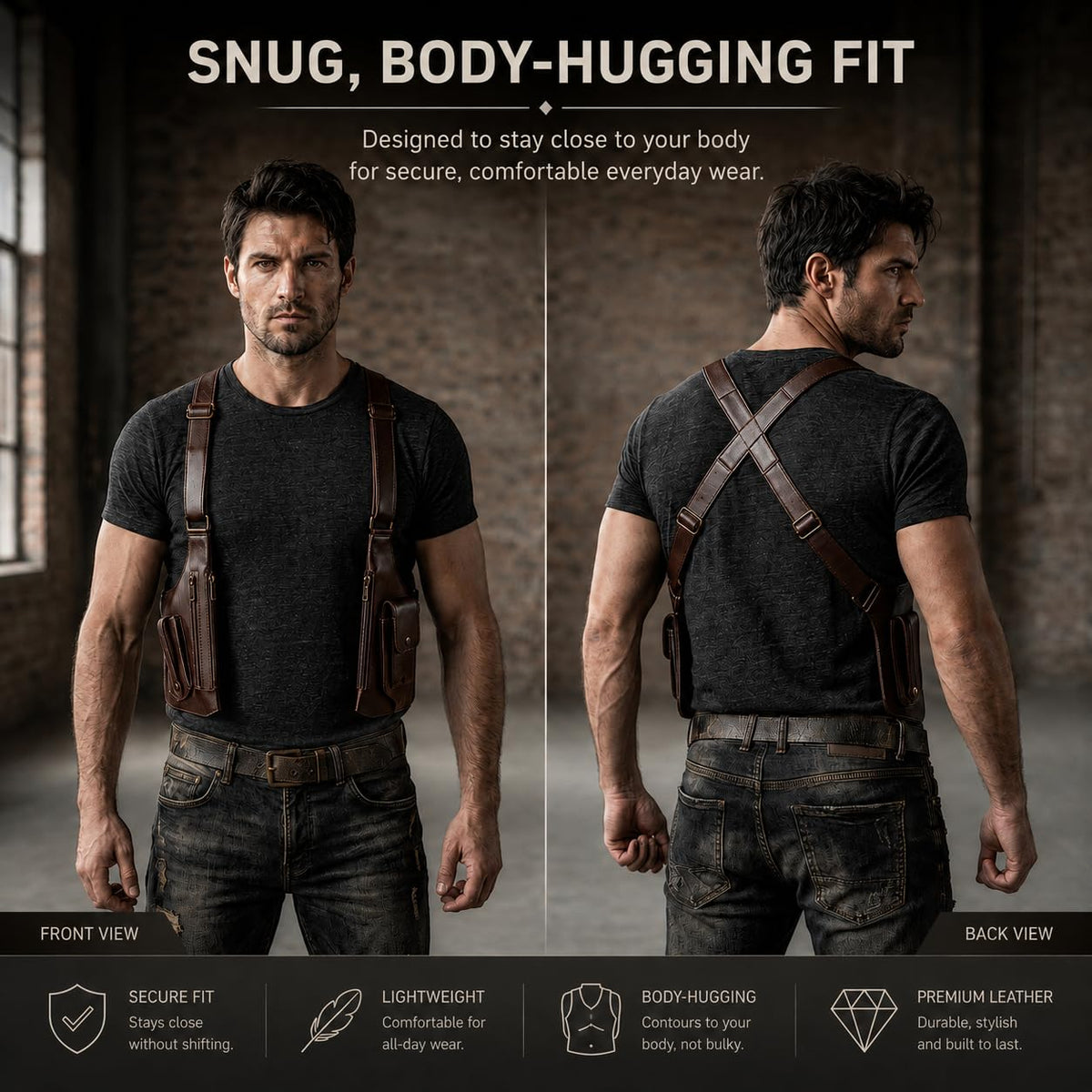 Double Shoulder Armpit Bag for Men, Anti-Theft Underarm Shoulder Bag, Adjustable Armpit Bag, Multi Pocket Crossbody EDC Bag for Travel Everyday Carry, Fits Up to 6.2" Phones (Slim Fit), Brown