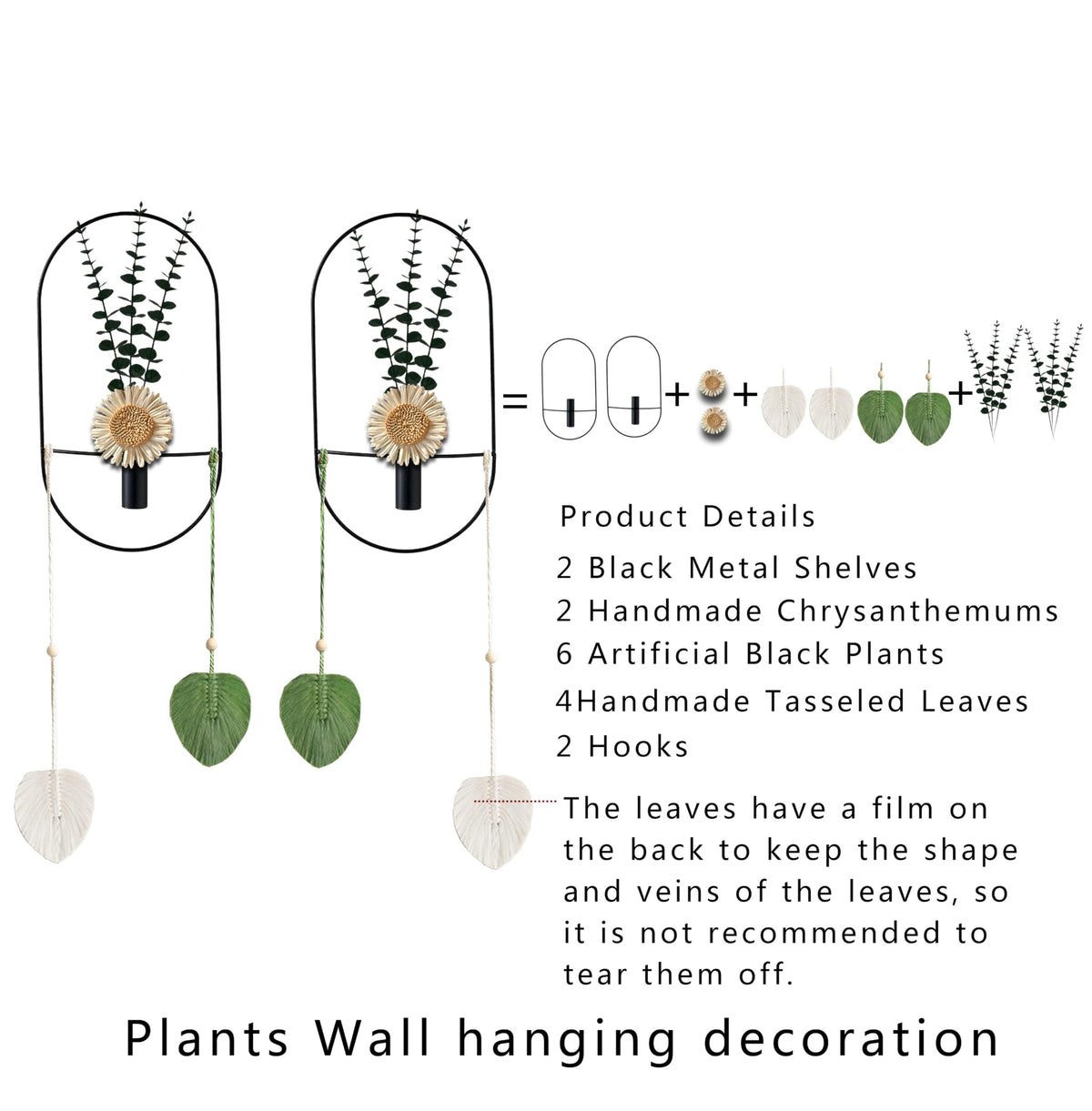 Black Wall Mounted Metal Planter, 2 Piece Set, Large Wall Hanging Vase with Faux Plants, Plant Wall Decor for Living Room, Bedroom, Bathroom, Dining Room