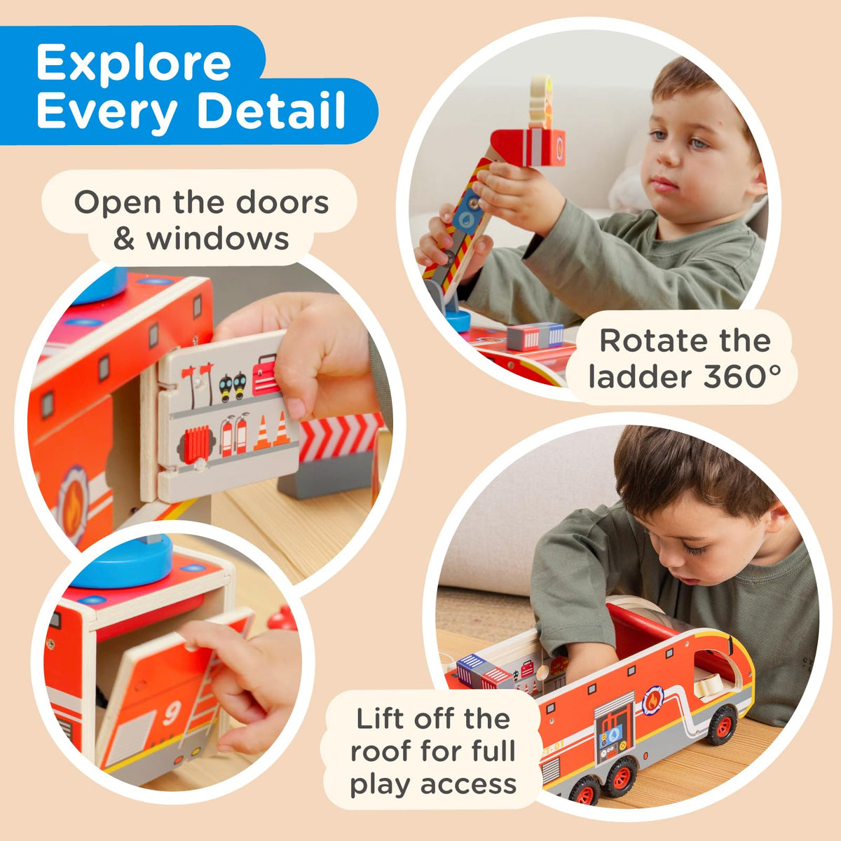 Nene Toys Wooden Fire Truck Toy Set – FSC Fire Engine with Rotating Ladder, Magnetic Hose, Hydrant, 3 Firefighters, Dalmatian & Accessories – Durable Wood Truck Toy for Kids 2+