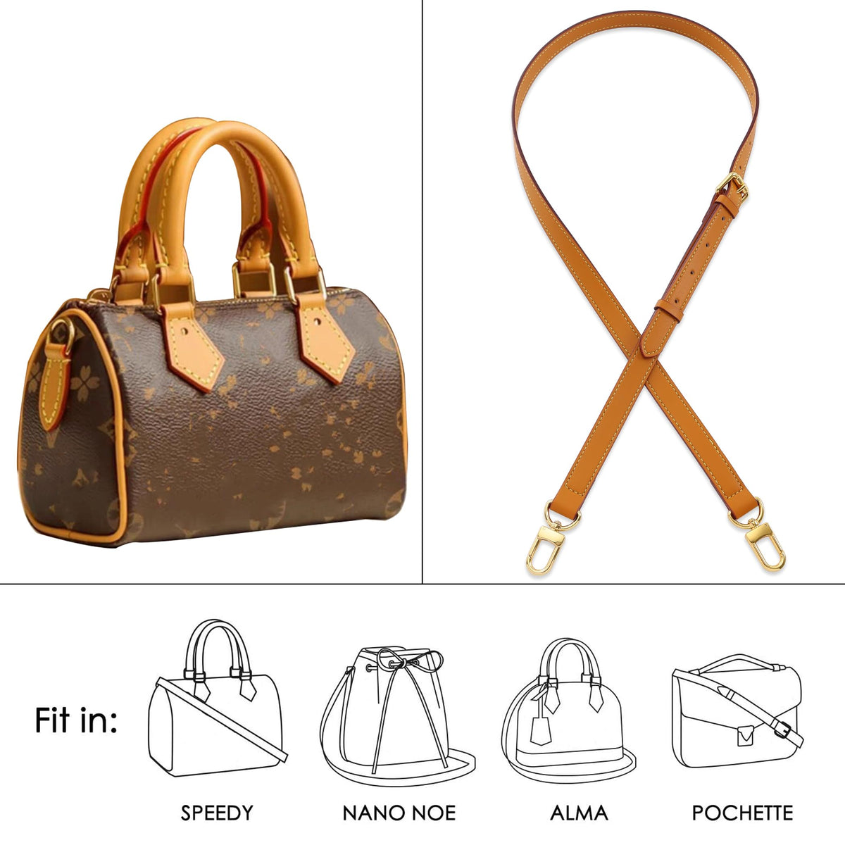 BMBMLV Vachetta Genuine Leather Adjustable Genuine Leather Crossbody Straps Replacement (Honey brown)