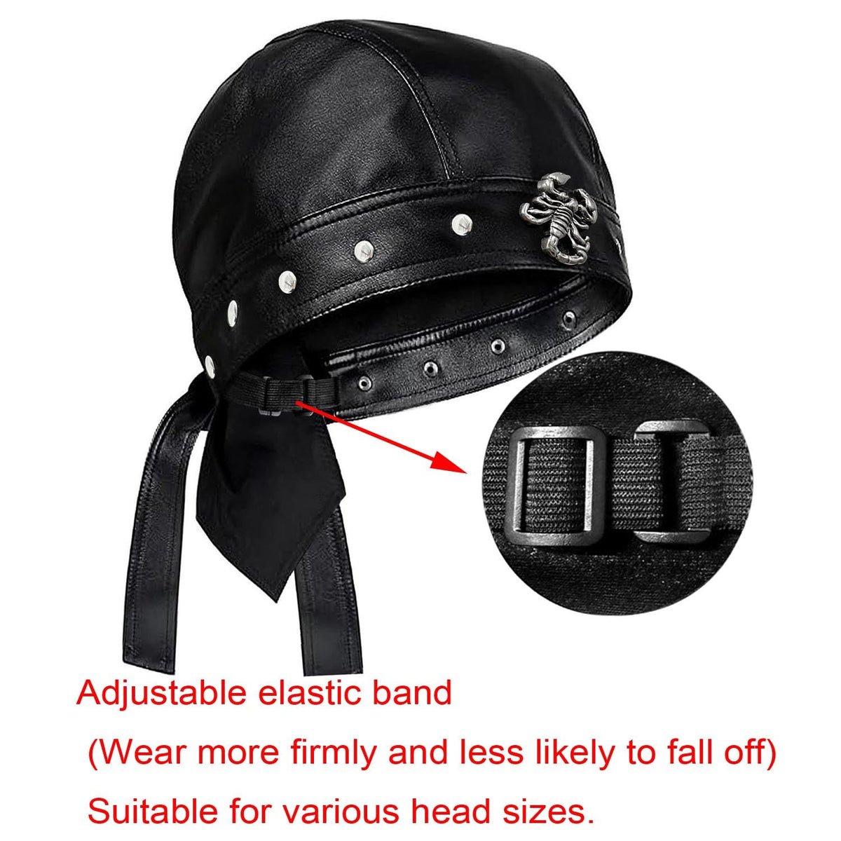 Punk Biker Leather Cap with Necklace for Women Skull Motorcycle Hat with Snug Fit, Stylish Biker Head Wrap & Riding Cap for Badass Look Adjustable Black