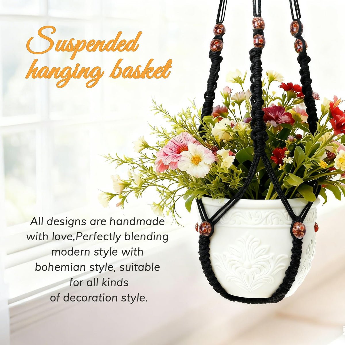HOREAKHJ 35 Inch Macrame Plant Hanger, Large for up to 15 Inch Pot Extra Long Hanging Planter Holder Basket with Wood Beads for Indoor Outdoor Home Decor (Black, 2-Pack)