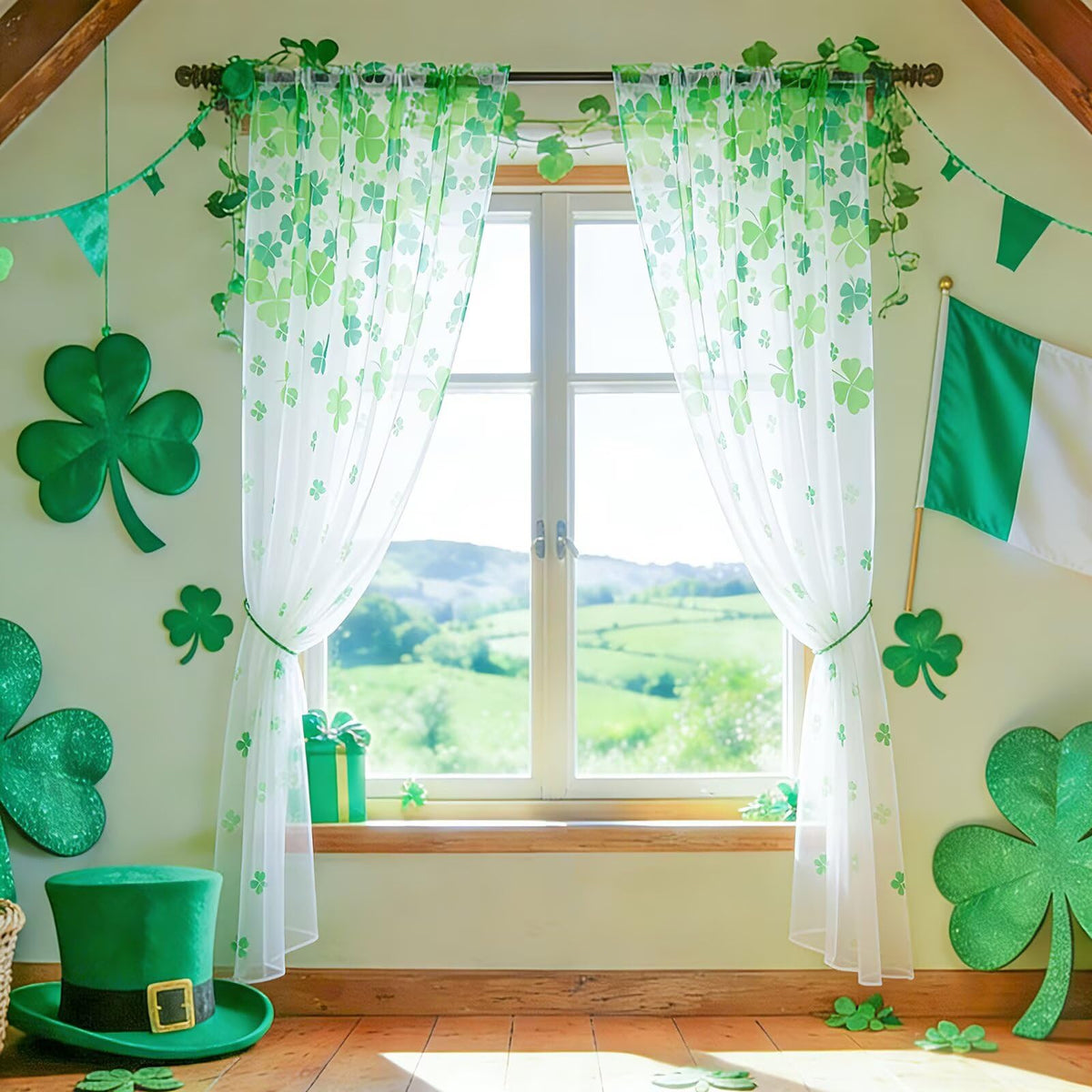 youleyar St. Patrick's Day Sheer Curtains 84 Inches Long, 2 Panels Shamrock Clover Printed Pattern Curtain, Rod Pocket Drapes for Bedroom and Home Decor, 52" W x 84" L