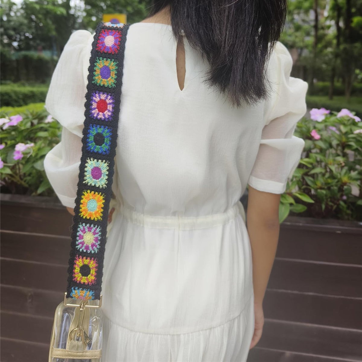 Greaciary Wide Purse straps Crochet Flower replacement crossbody for Handbags Adjustable Embroidery Knit Guitar Shoulder strap for Bag (Black floral)