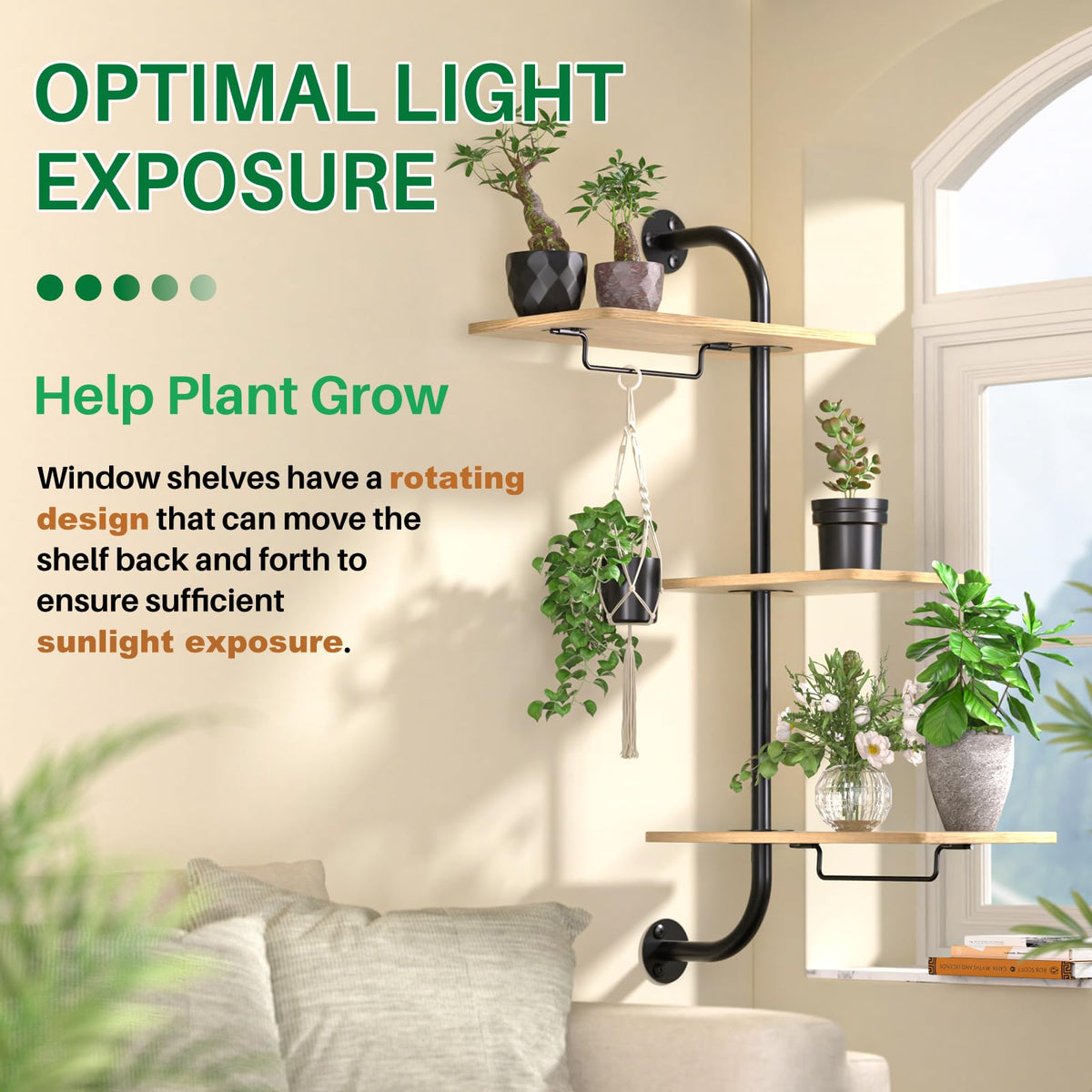 DELLAN Window Plant Shelves, Rotating Plant Shelf for Window, Wall Mounted Indoor Hanging Plants Shelf (3 Tier)
