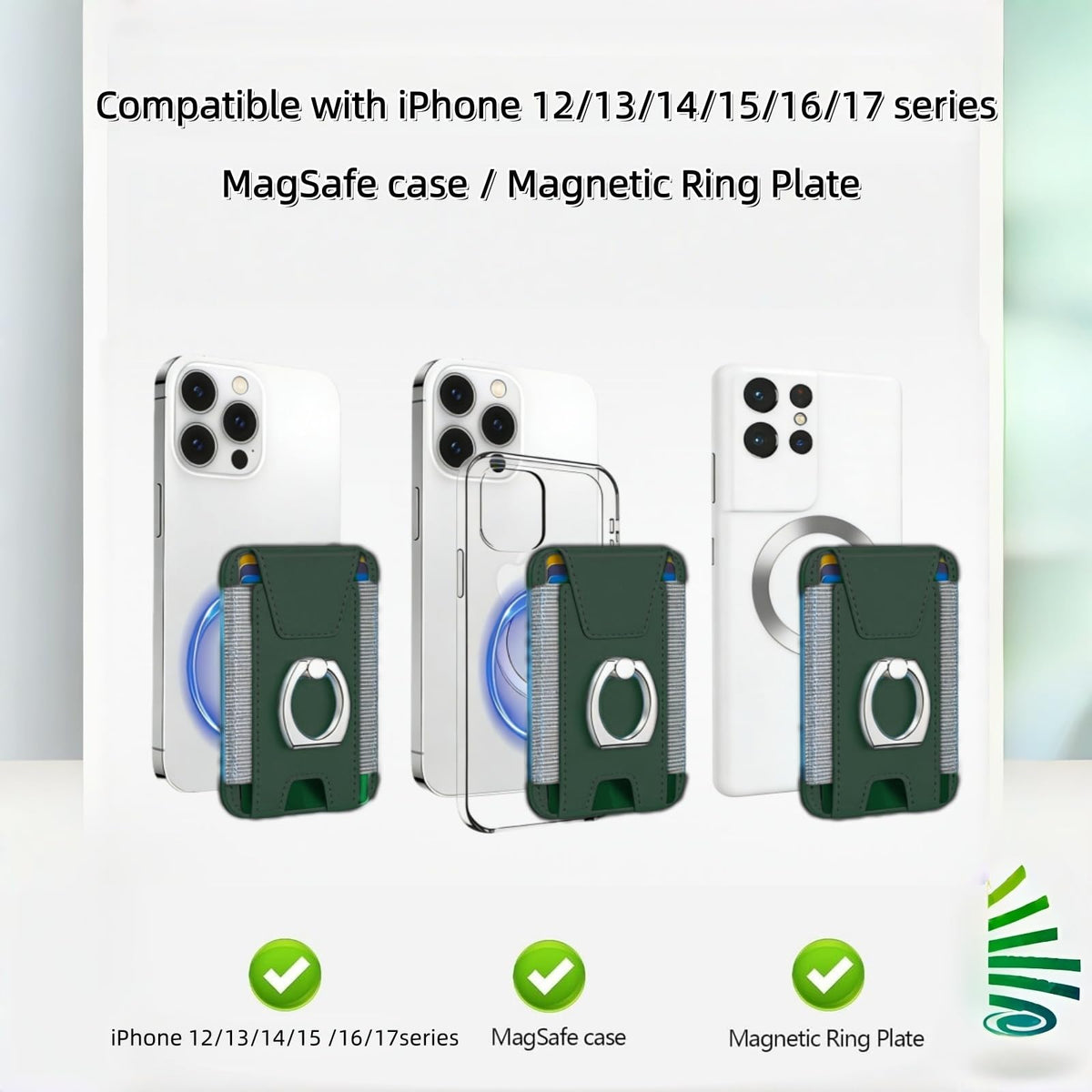 UPEWEFI for Magsafe Wallet, Slim Magnetic Card Wallet with Grip, 7 Cards Holder RFID Blocking, Ring Stand Stick on Wallet with Privacy Flap (Green)
