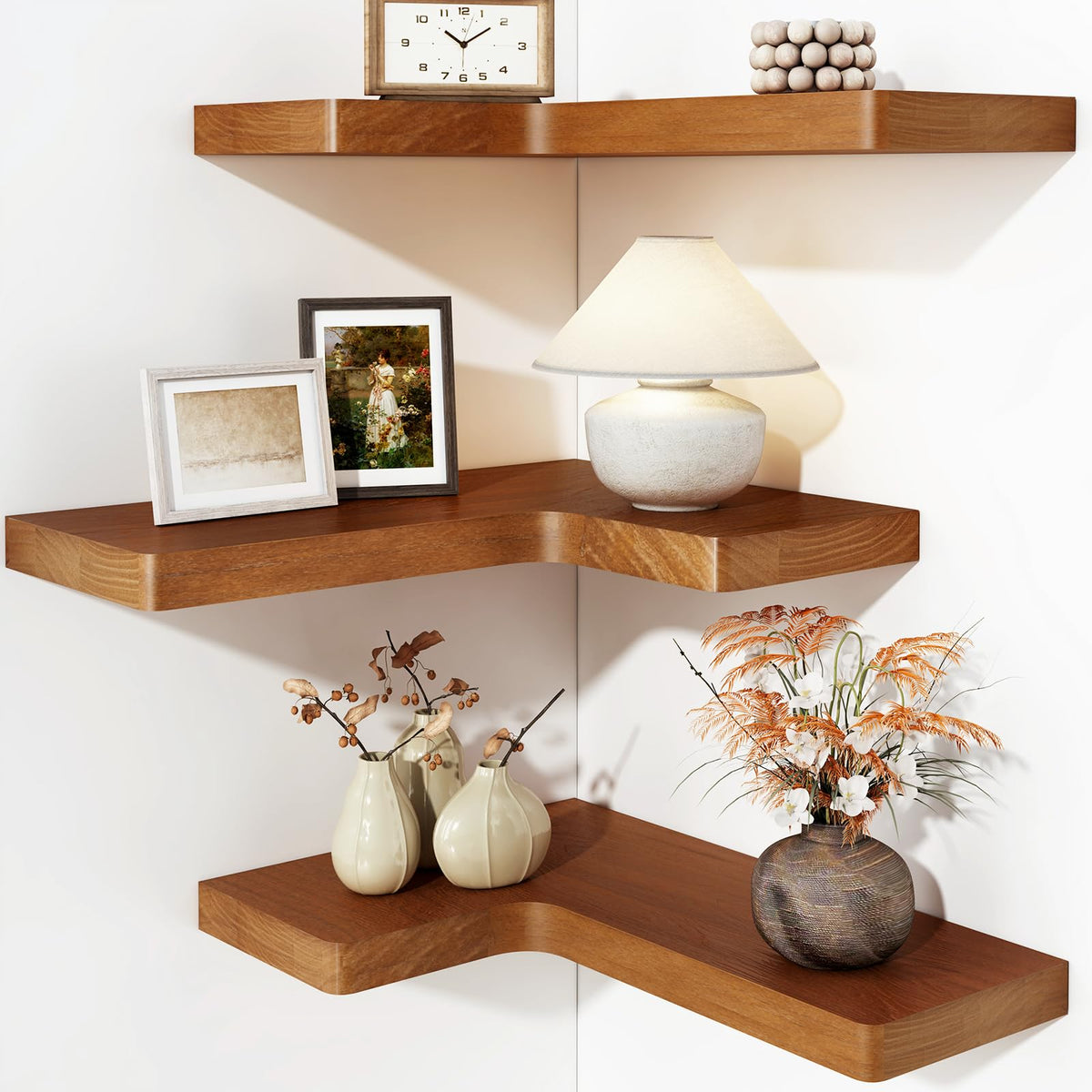 Fixwal Corner Floating Shelves for Wall Mounted Natural Solid Wood 16"x11.4" Farmhouse Home Decor Display Shelving Set of 3 (Rustic Brown)