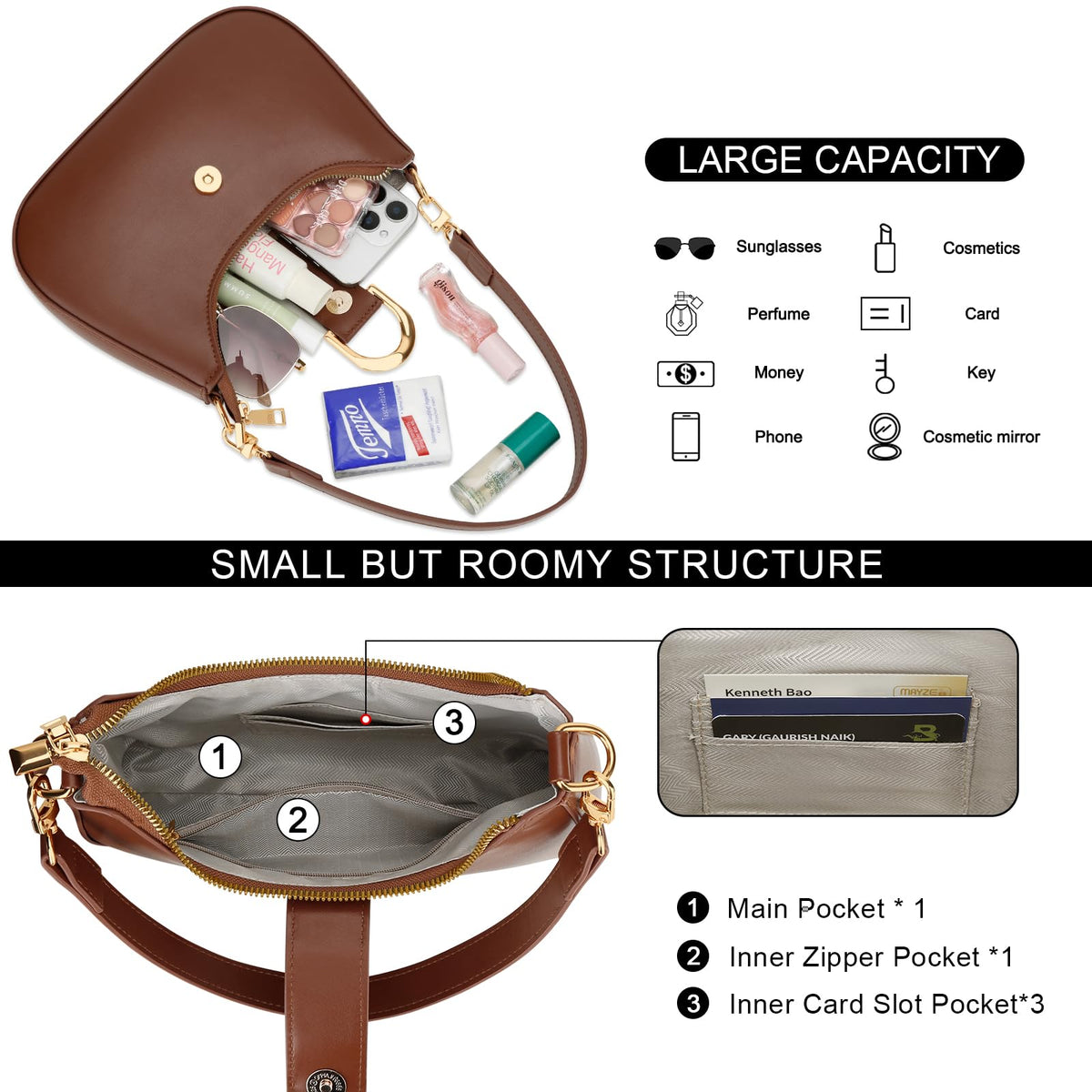 KKXIU Small Shoulder Bag for Women - Crescent Bag Small Purses for Women Trendy Vegan Leather Purse with Removable Strap (Brown)