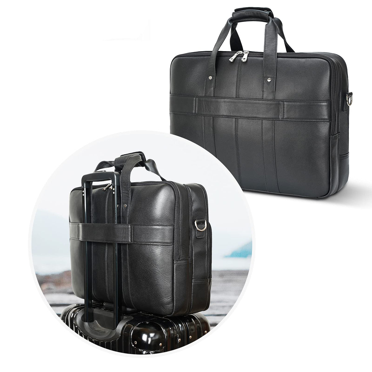 Polare X-Large 18" Napa Leather Briefcase For Men Business Travel Case Messenger Bag Fits 17.3" Laptop (Black)