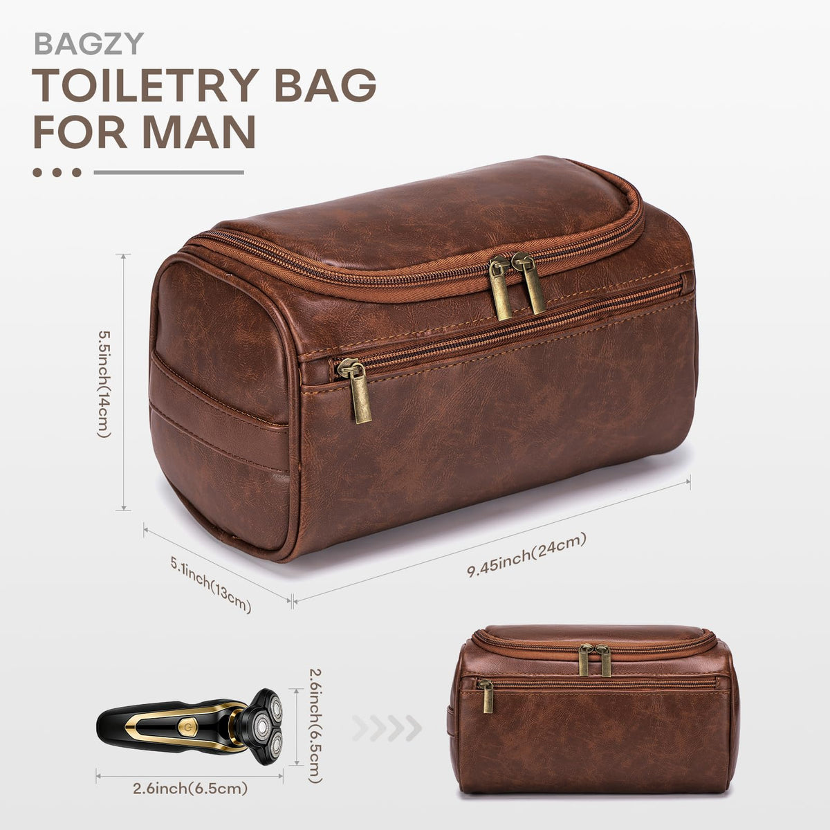 BAGZY Travel Toiletry Bag for Men, Hanging Hygiene Bag EDC Pouches Small Dopp Kit Water-resistant Mens Shaving Kit Bags PU Leather Toiletry Organizer for Travel Weekend Fitness Hospital Brown