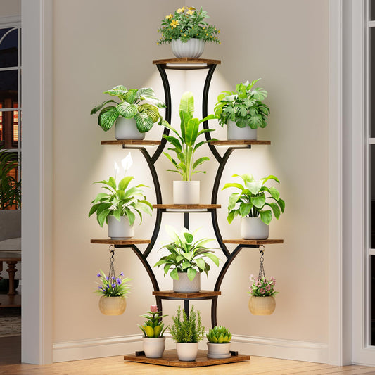 BEVAURORA Corner Plant Stand With Grow Lights - 52.7" Indoor Plant Stand, Corner Plant Shelf For Indoor Plants, 8 Tiered Lighted Flower Holder, Tall Display Rack For Living Room, Hallway, Home, Black & Brown