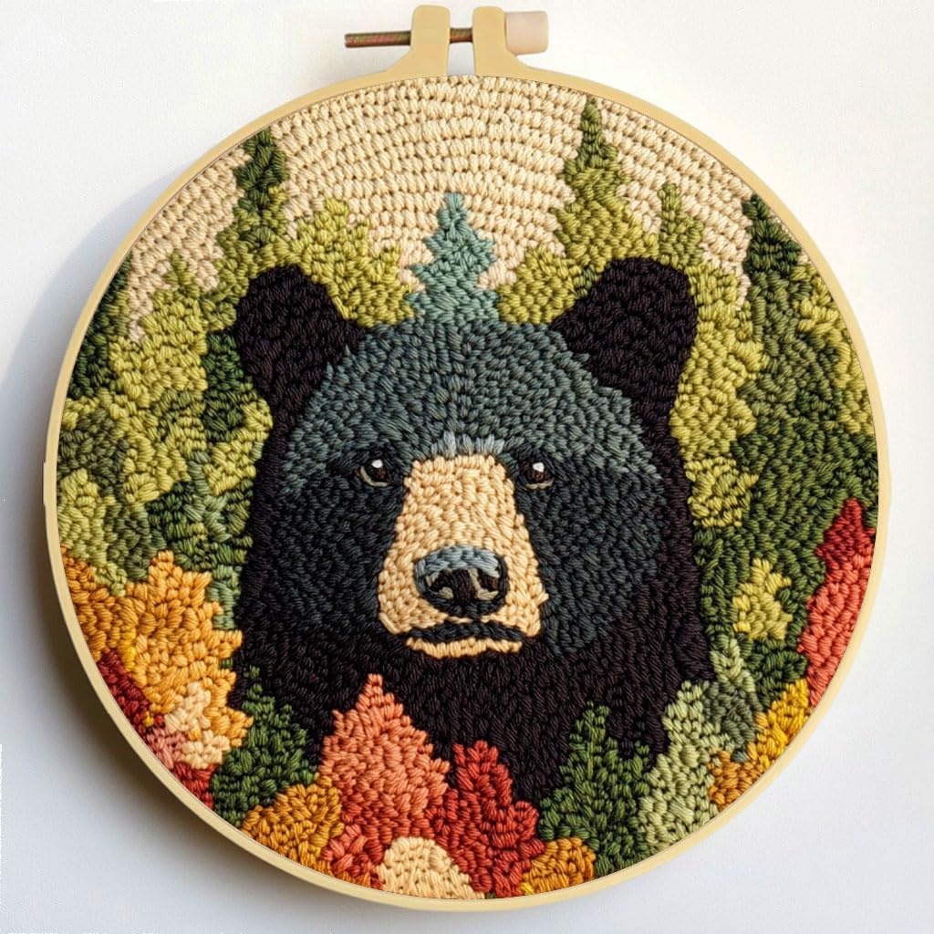 Punch Needle Kits Black Bear Embroidery Starter Set with Hoop Easy for Beginners DIY Stress Relief Handmade Craft Hobby and Home Decor 20x20cm