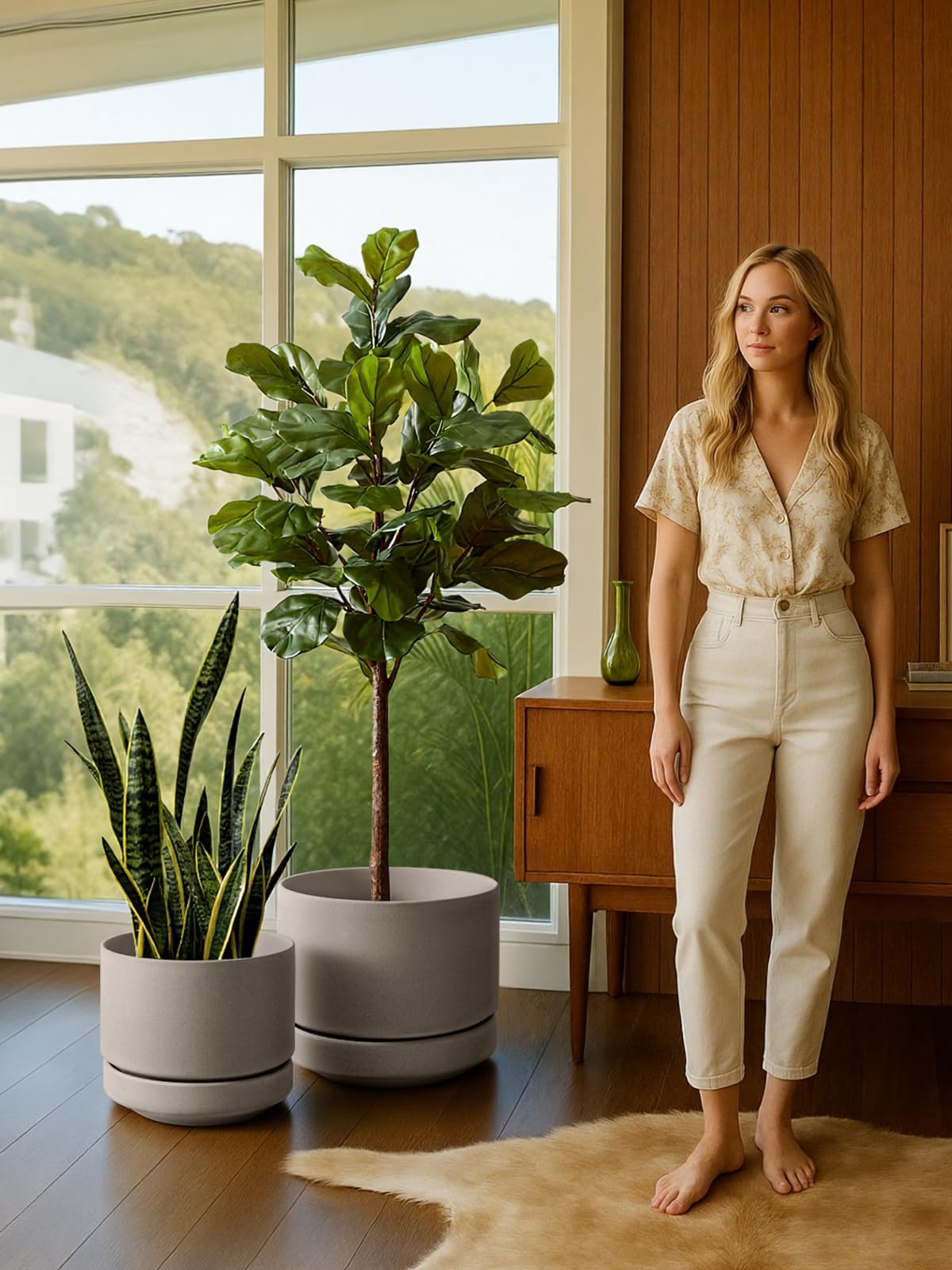LE TAUCI Large 14 Inch Plant Pot with Saucer | Ceramic Outdoor & Indoor Big Planter Pot | Drainage Hole, Mesh Pad | Unglazed Porous | Modern Minimalist for Home and Patio – Neutral Gray