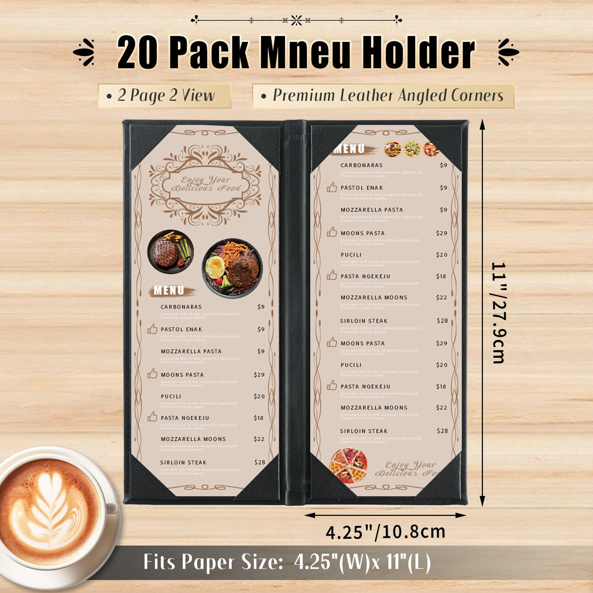 FLKQC 20 Pack Restaurant Menu Covers Holders 4.25" X 11", 2 Pack 2 View Synthetic Leather Menu Holder Covers Book Style with Angled Corners Black for Wine List, Morning Menu, Wine Menu (20, 2 Page)