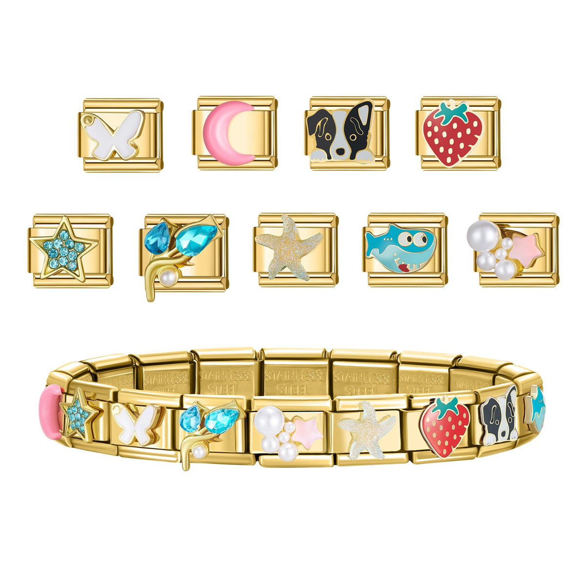 SWEETV Stainless Steel 18 Link Polish Italian Charm Bracelet with 1Pcs Starter Brascelet, 20Pcs Charms and Opening Tools, Classic 9mm Modular Charm, Personalized Jewelry Gift, E-Gold 20pcs charms
