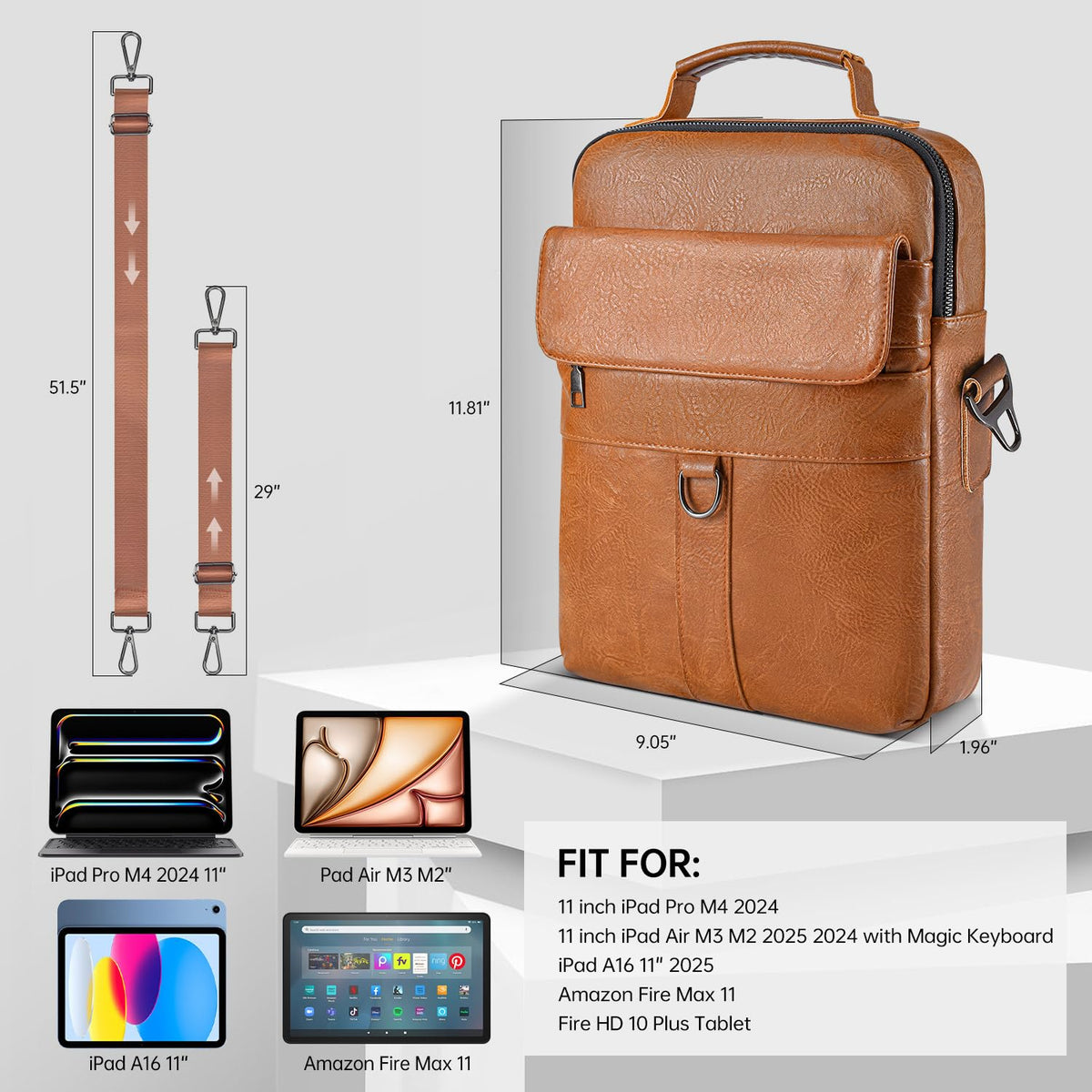 11 Inch Tablet Shoulder Bag Leather Carrying Case for 11 inch iPad A16, iPad Pro 11" M5 M4/ iPads Air 11" M4 M3 M2 2026 2025 with Magic Keyboard, Vertical Laptop Sleeve Messenger Computer Bag, Brown