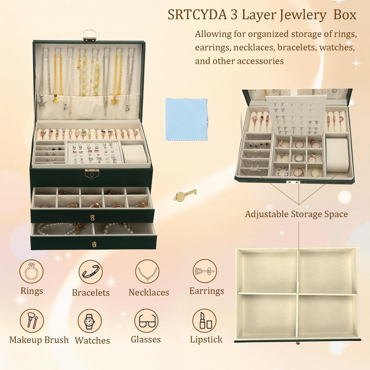 SRYTCYDA SRTCYDA Jewelry Box for Women, Large PU Leather Jewelry Organizers and Storage with Lock and Key, 3-Layer Dresser Top Jewelry Box for Holds Necklace, Earring, Ring, Bracelet, Watch (Green)