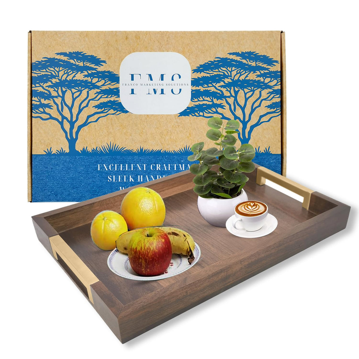Large Wooden Ottoman Tray with Golden Handles for Serving Food, Decorative Serving Platter for Breakfast, Dinner & Bar, 17.5x11.8in Rustic Storage Tray for Kitchen, Bedroom & Gift Packaging