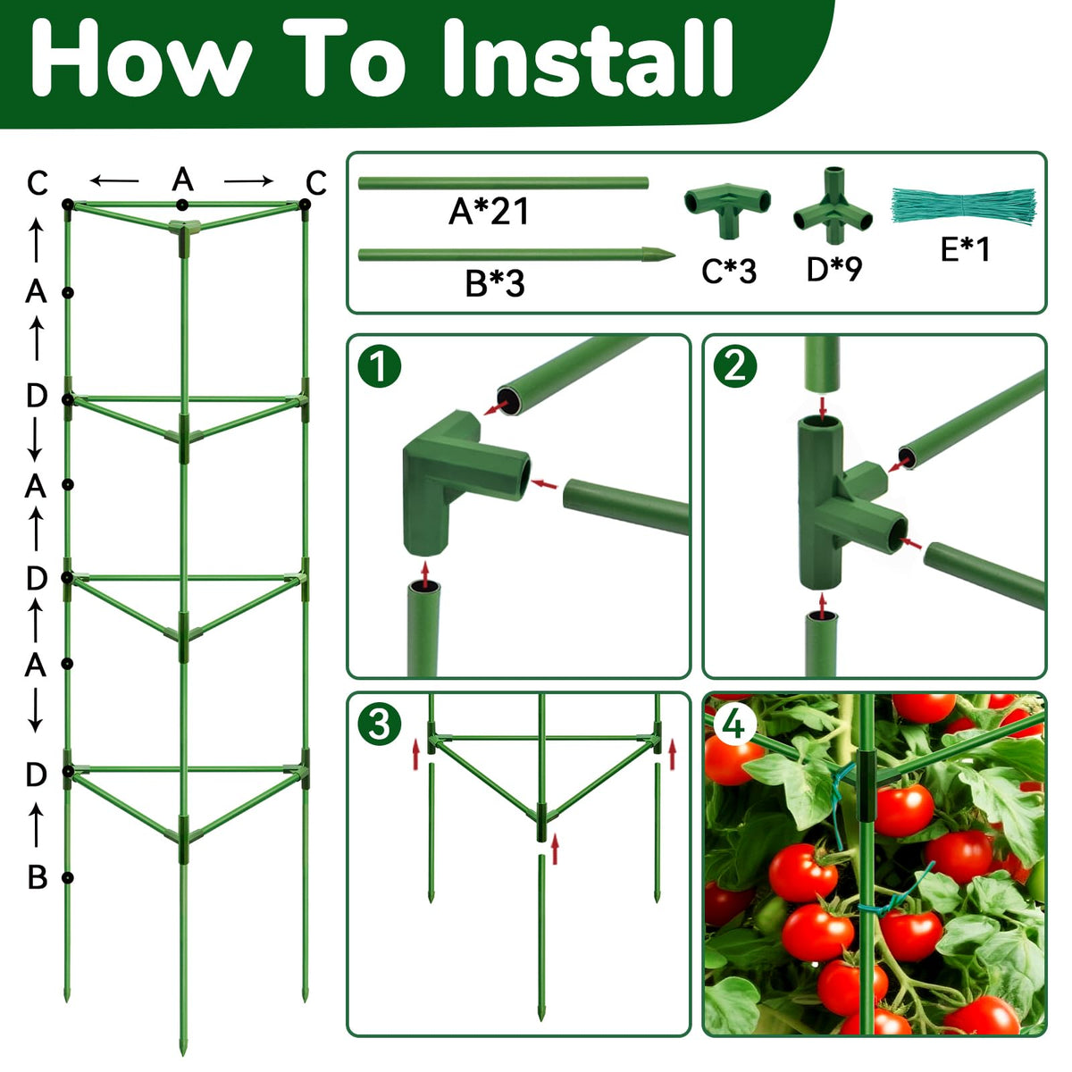 ZeeDix 6 Pack 65 Inch Tall Tomato Cages for Garden, Heavy Duty Large Plant Trellis Support Stakes for Climbing Plants, Adjustable Tomatoes Cage for Pots & Outdoor Raised Garden Bed