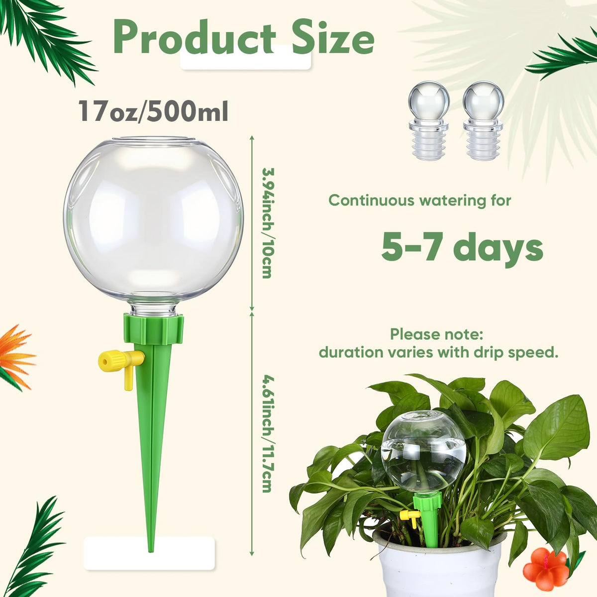 Acellegic 4 Pcs 17oz Plant Self Watering Globes for Indoor Outdoor Adjustable Plants Plastic Water Bulbs Top to Fill Plant Self Watering Planter Insert Water Devices System Spikes Stakes (Green)