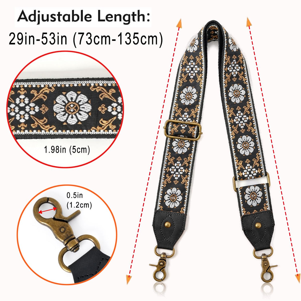 KIMPUDSEN Purse Strap Replacement Crossbody Handbag Adjustable Embroidery Bag Strap(Black Leather-28)