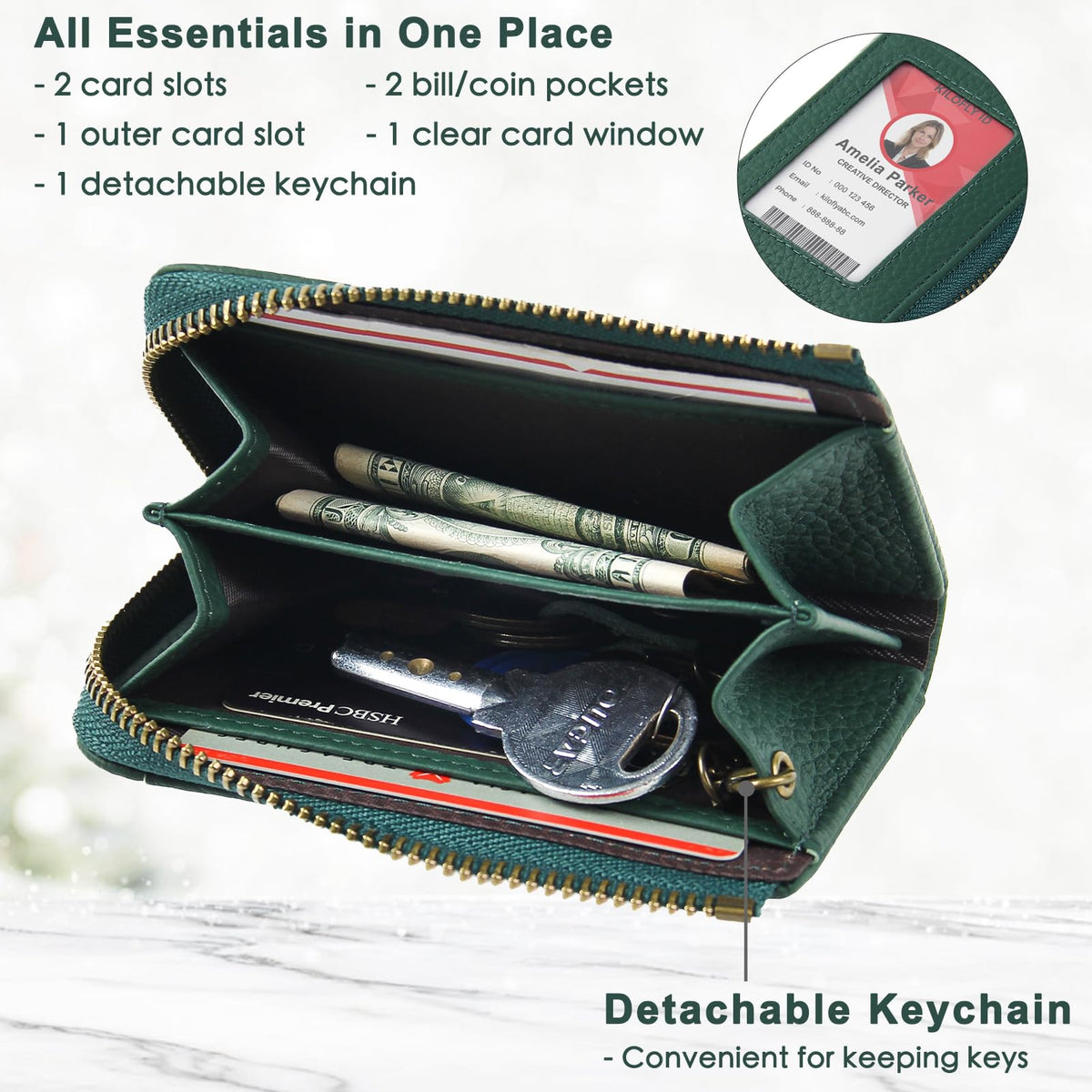 kilofly Genuine Leather Card Slot ID Holder Wallet + Keychain Cable Organizer