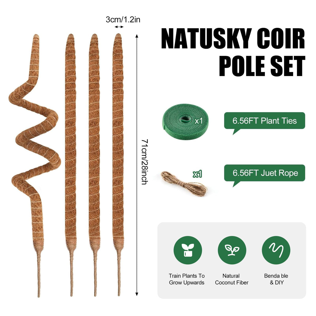 4 Pack Moss Pole, 28 Inch Bendable Moss Poles for Plants Monstera for Climbing Plants, Handmade Coco Coir Pole Plant Sticks Support Stakes for Indoor Plants Plant Grow