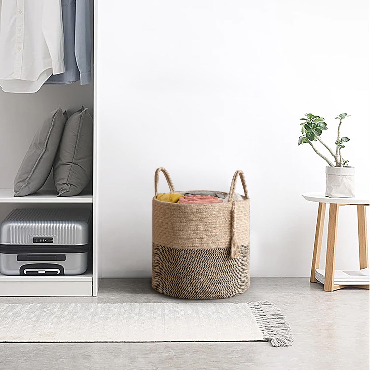 Mkono Woven Storage Basket Decorative Rope Basket and Macrame Hanging Shelves Boho Wall Decor Set of 3