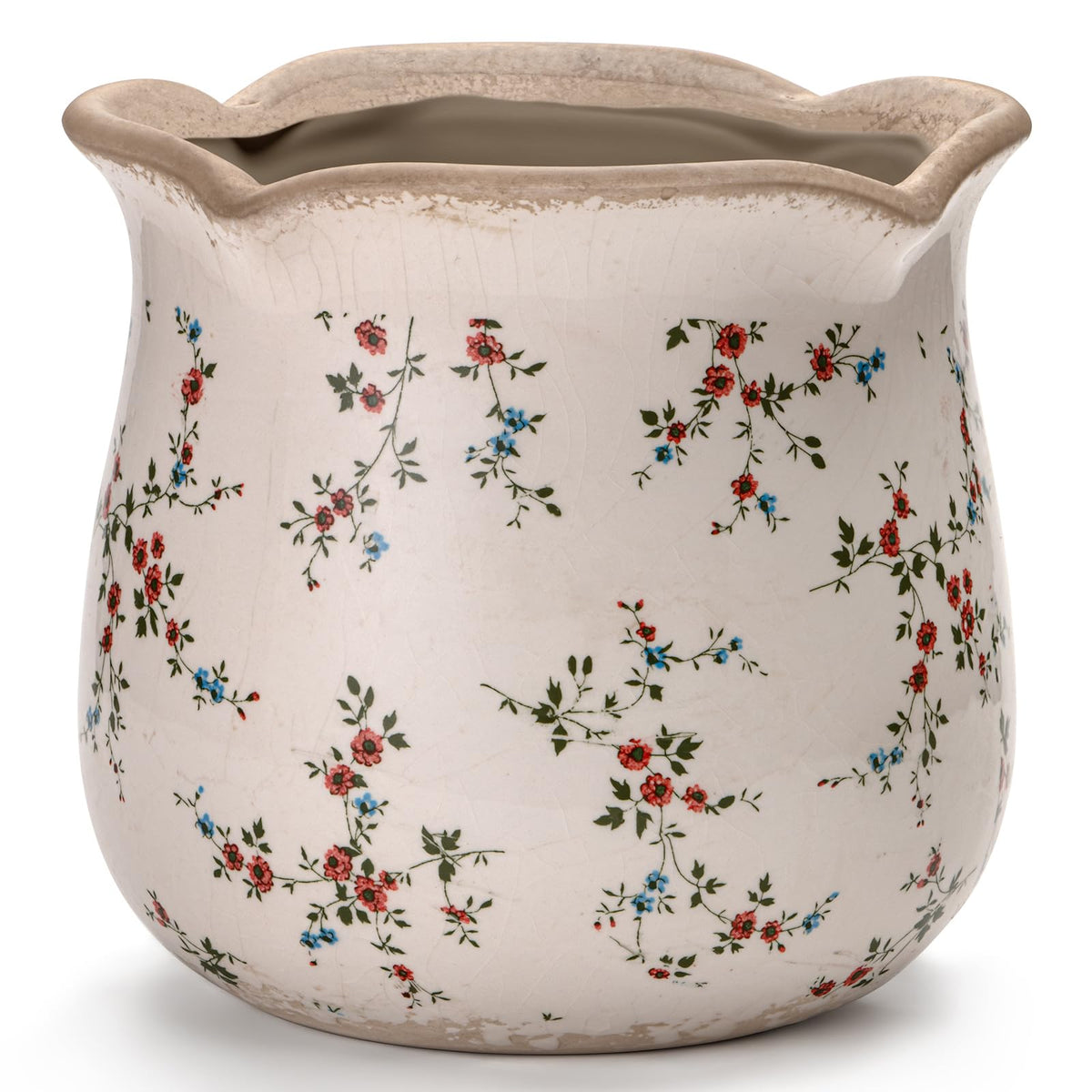 behen bahen Vintage Ceramic Planter Pot with Drainage Holes, Green Floral Design, 6.11 Inch, Distressed Tuscan Style, Indoor Plant Pot and Vase (Small Red Blooms)