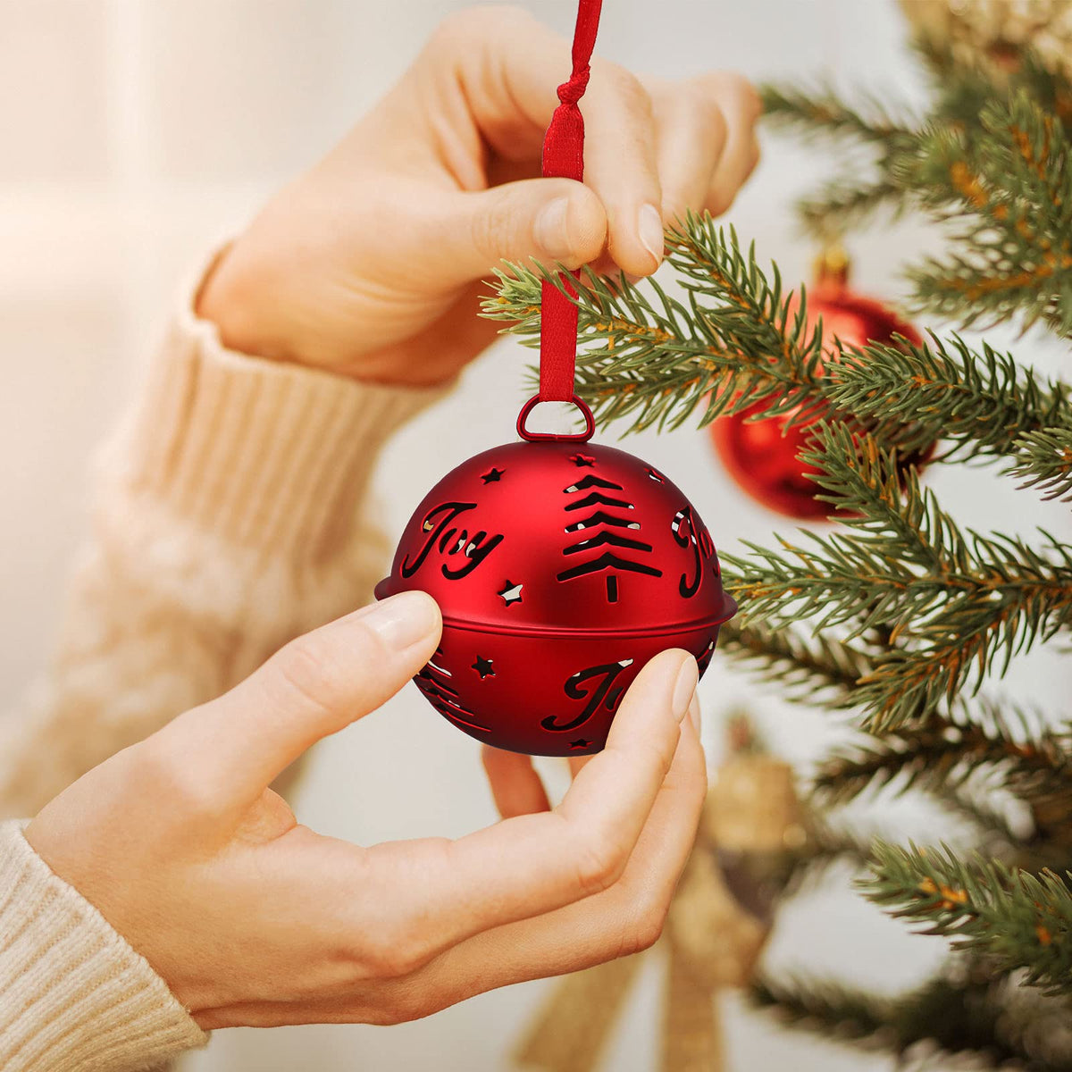 Hotop 6 Pieces Large Jingle Bell Christmas Joy Bell Metal Ornaments with Star Cutouts Sleigh Rustic Xmas Tree Wreath Garland Holiday Party DIY Decor(Red)