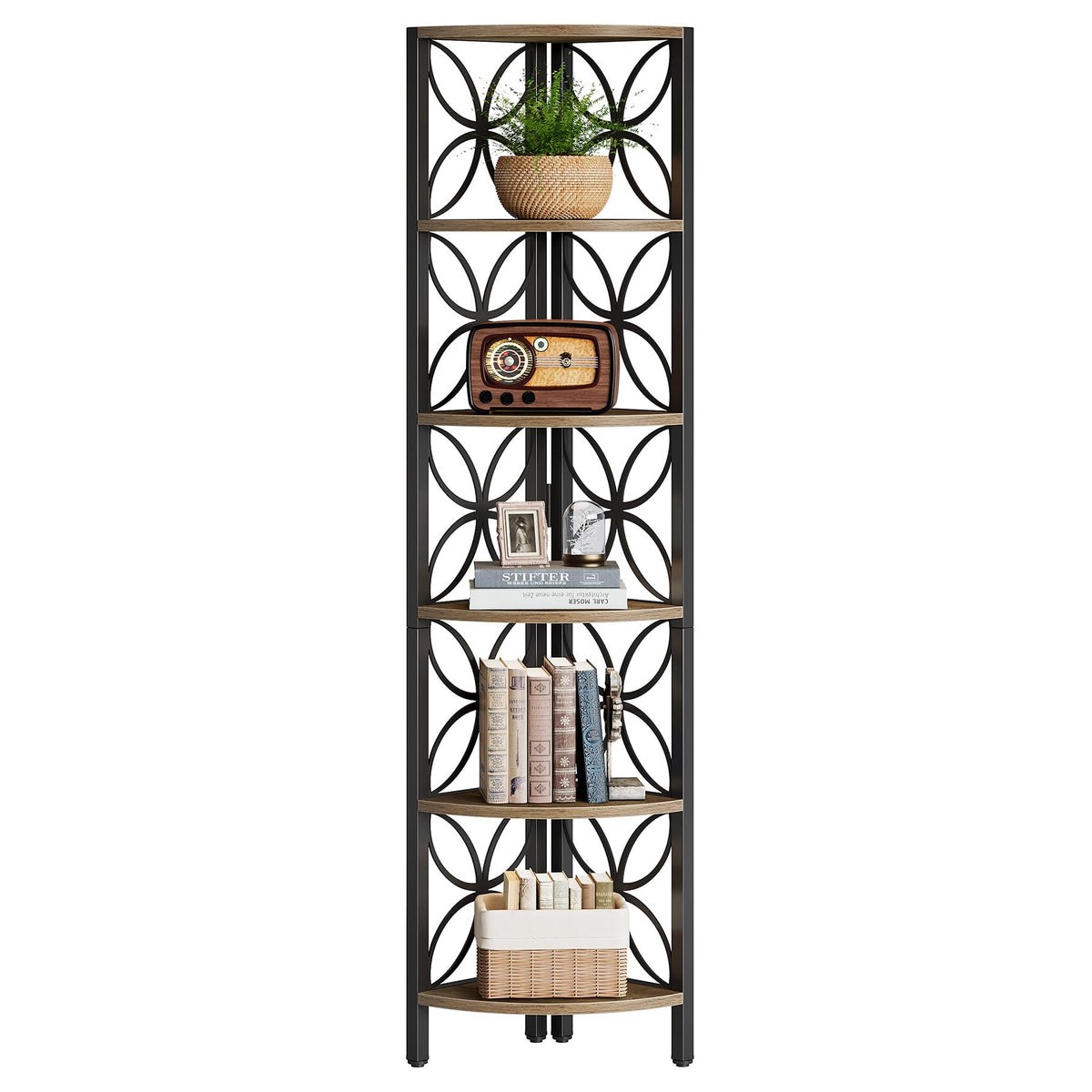 Tribesigns 6-Tier Corner Shelf, Industrial 70.9" Rustic Corner Bookshelf Display Shelf for Living Room, Wooden Shelving Unit Plant Stand Storage Rack for Bedroom, Kitchen, Small Place, Rsutic Brown