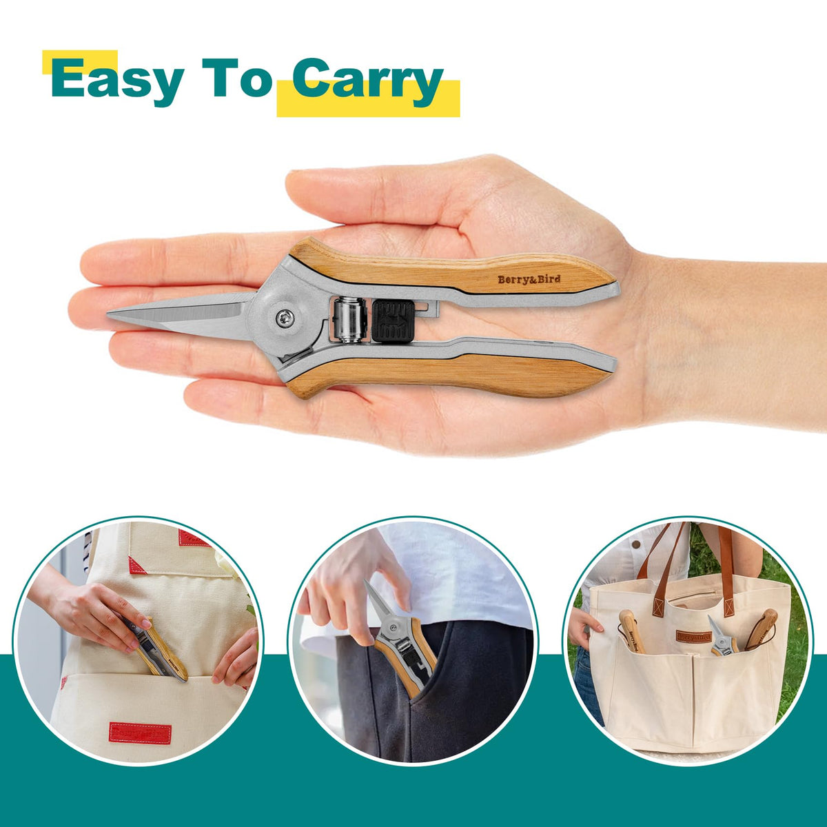 Berry&Bird Mini Pruning Shears for Gardening Straight Blades Hand Pruners with Wooden Handle Garden Scissors Snips Stainless Steel Trimming Small Clippers Bonsai Compact Size Shearing Tool